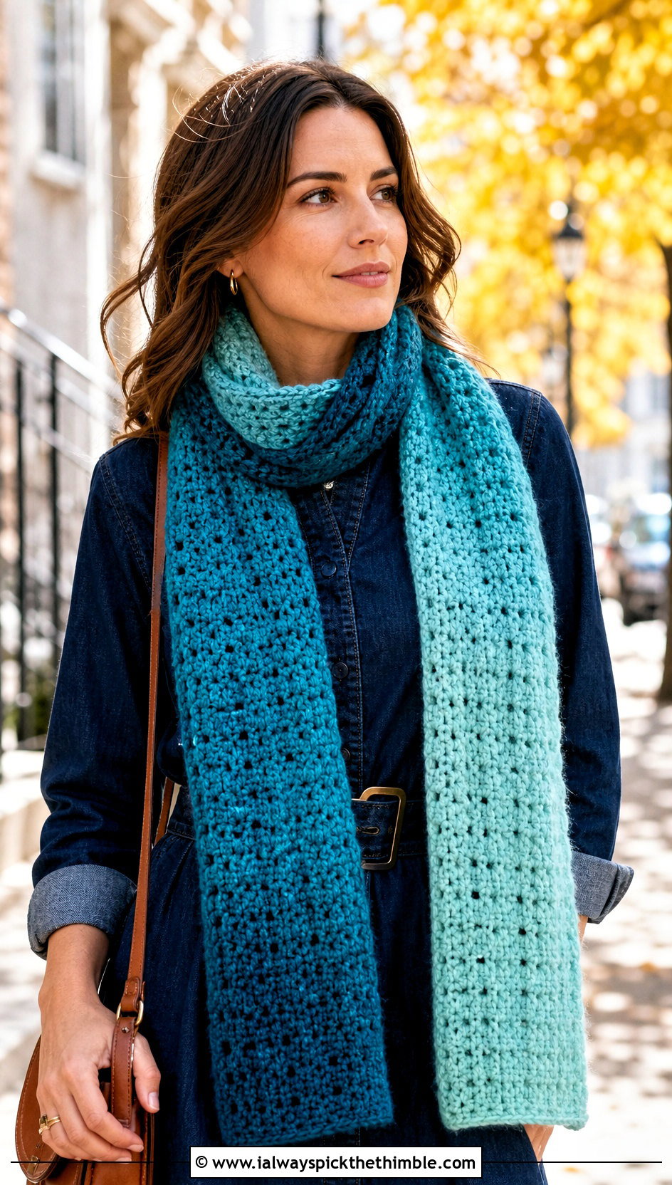 Ombre Crochet Scarf With Denim Dress - 25 easy crochet scarf for beginners outfit ideas