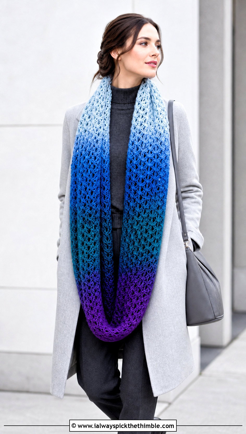 Ombre Crochet Scarf With Monochrome Coat - 20 multi colored crochet scarf outfit ideas