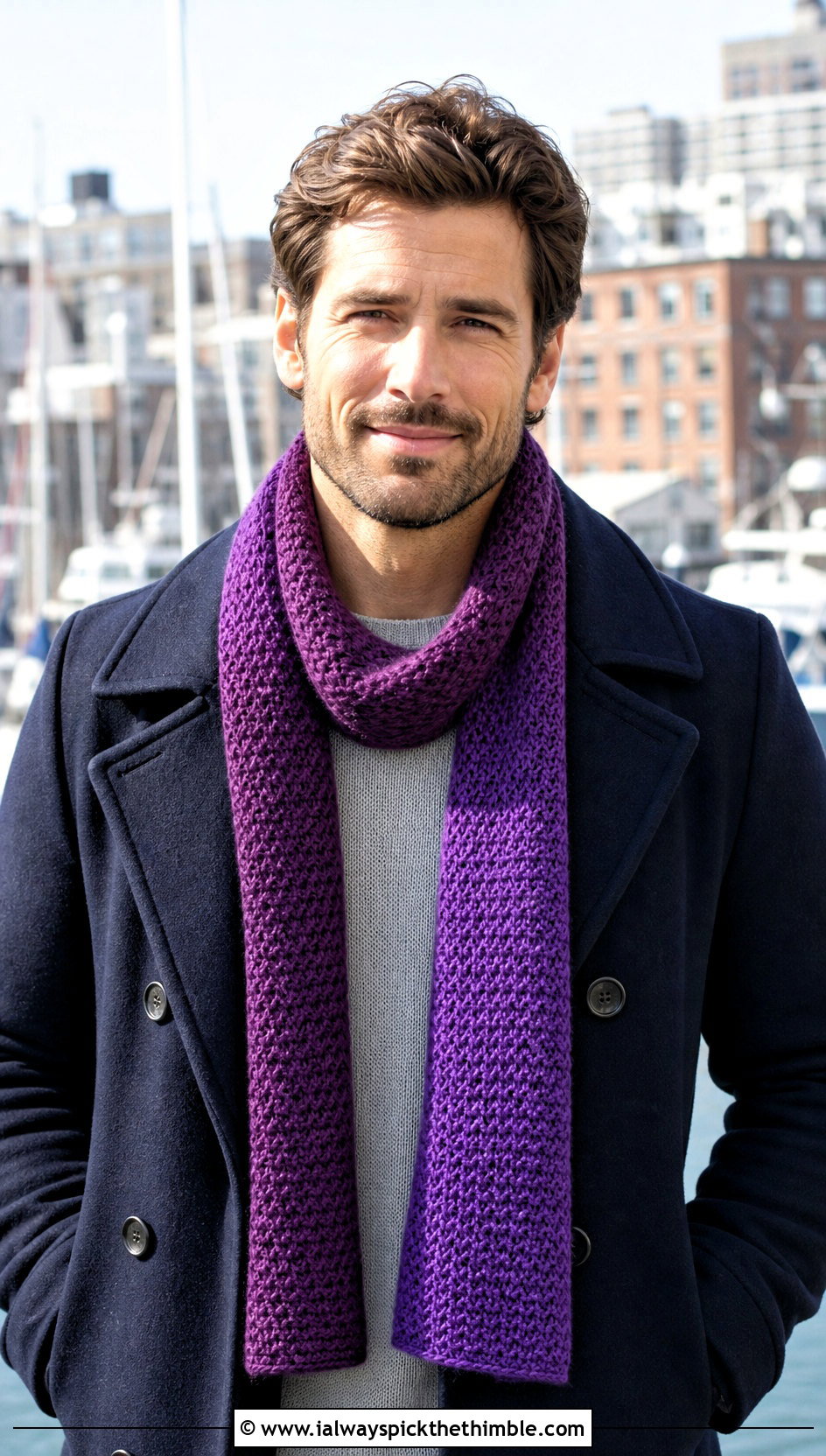 Ombre Crochet Scarf With Peacoat - 20 easy crochet scarf men outfit ideas