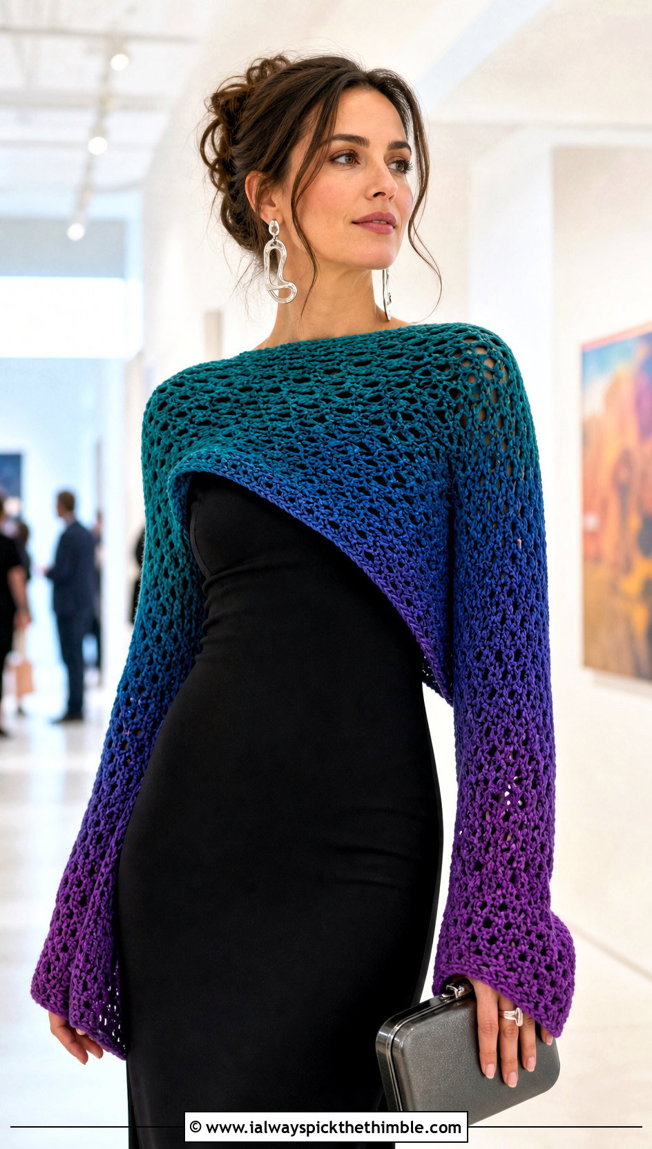 Ombre Crochet Scarf With Sleeves And Column Dress - 25 crochet scarf with sleeves outfit ideas