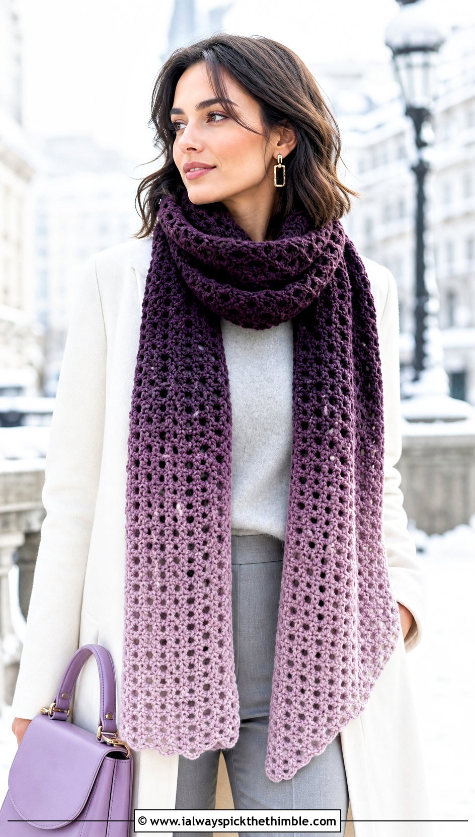 Ombre Crochet Scarf With White Coat - 25 beginner crochet scarf outfit ideas