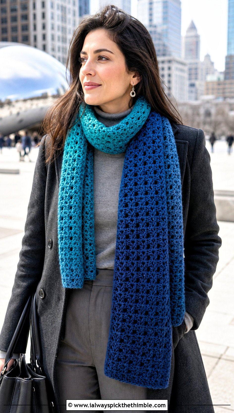 Ombre Crochet Scarf With Wool Coat - 25 quick crochet scarf outfit ideas