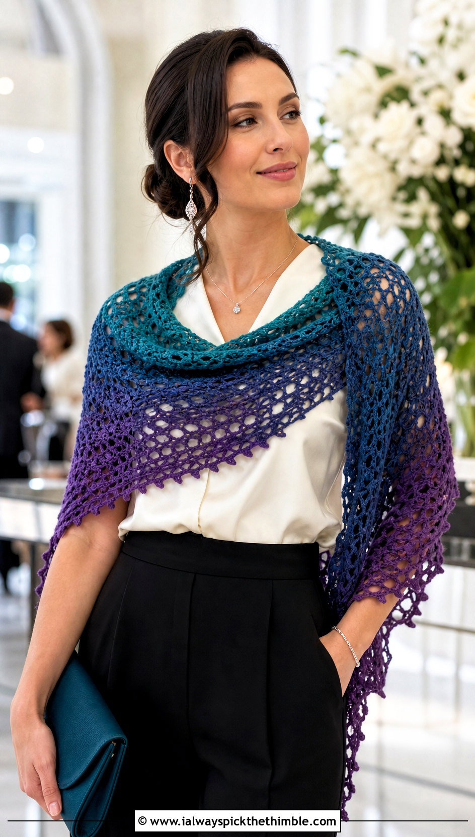 Ombre Crochet Shawl Scarf With Satin Blouse - 20 Ombre Crochet Scarf outfit ideas