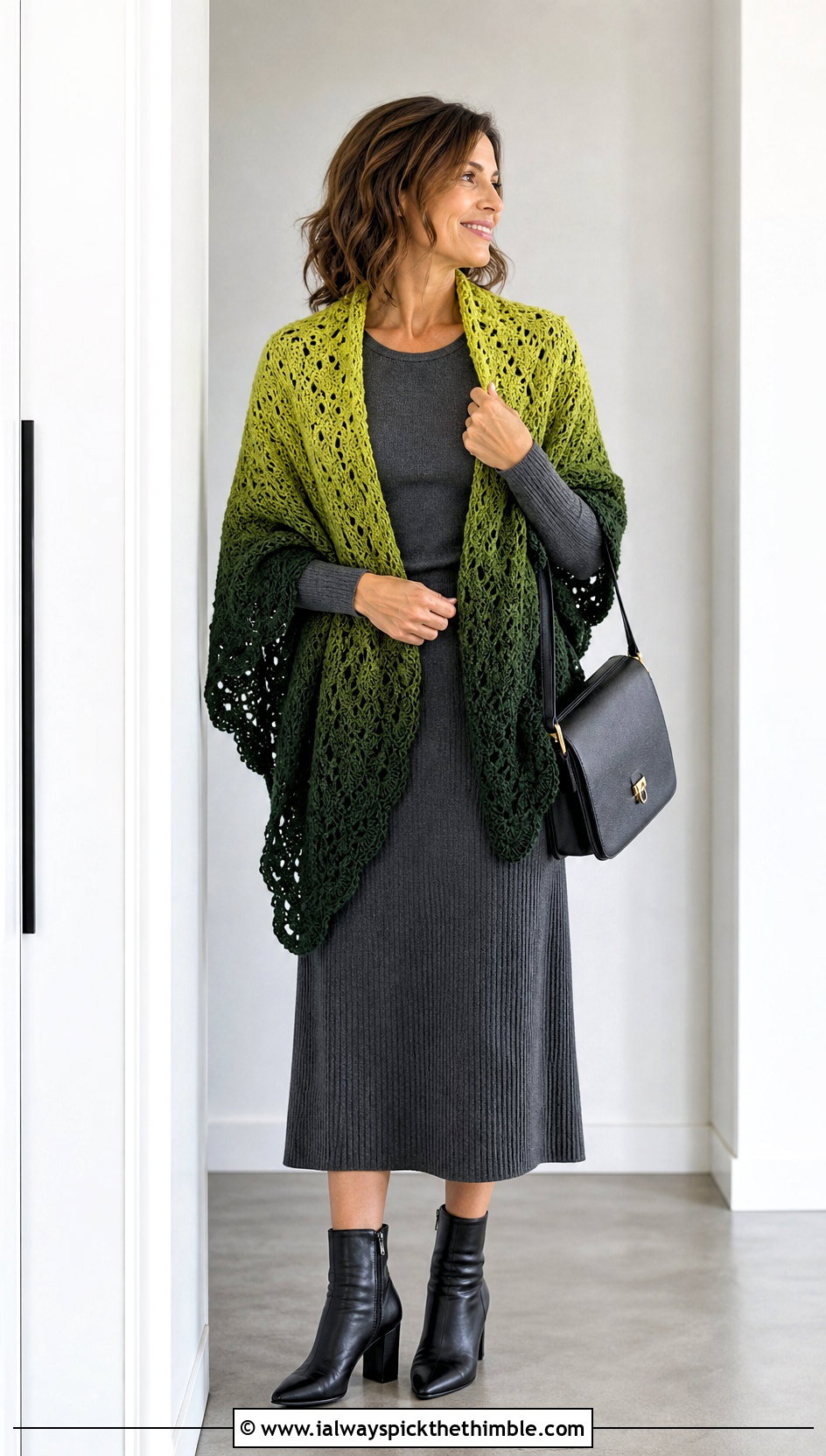 Ombre Crochet Shawl With Monochrome Knit Outfit - 25 crochet shawl outfit ideas