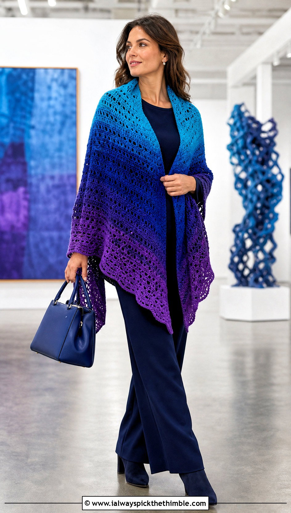 Ombre Crochet Shawl With Monochrome Outfit - 20 Elegant Crochet Shawl outfit ideas