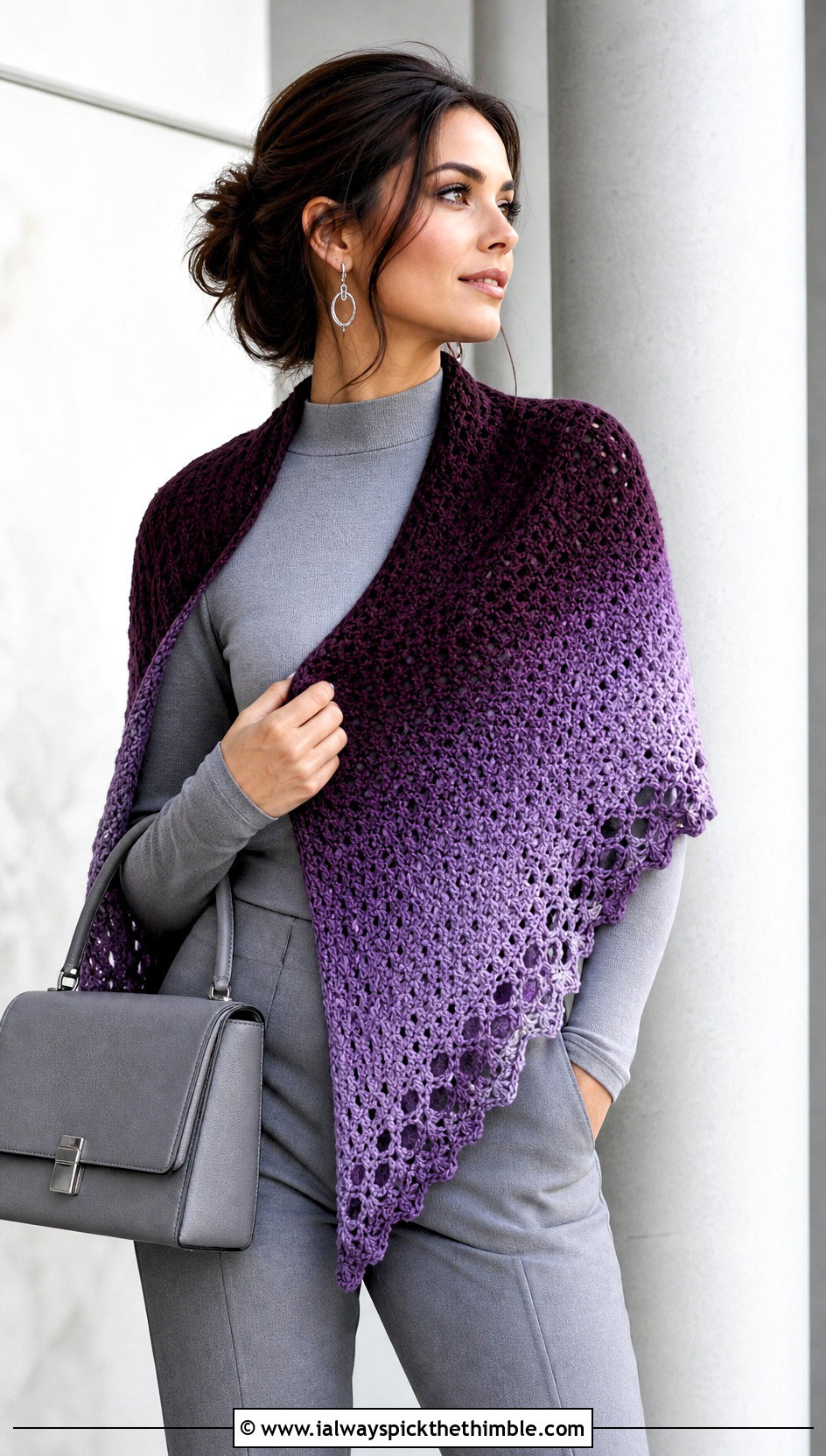 Ombre Crochet Shawl With Monochrome Outfit - 25 easy simple crochet shawl outfit ideas