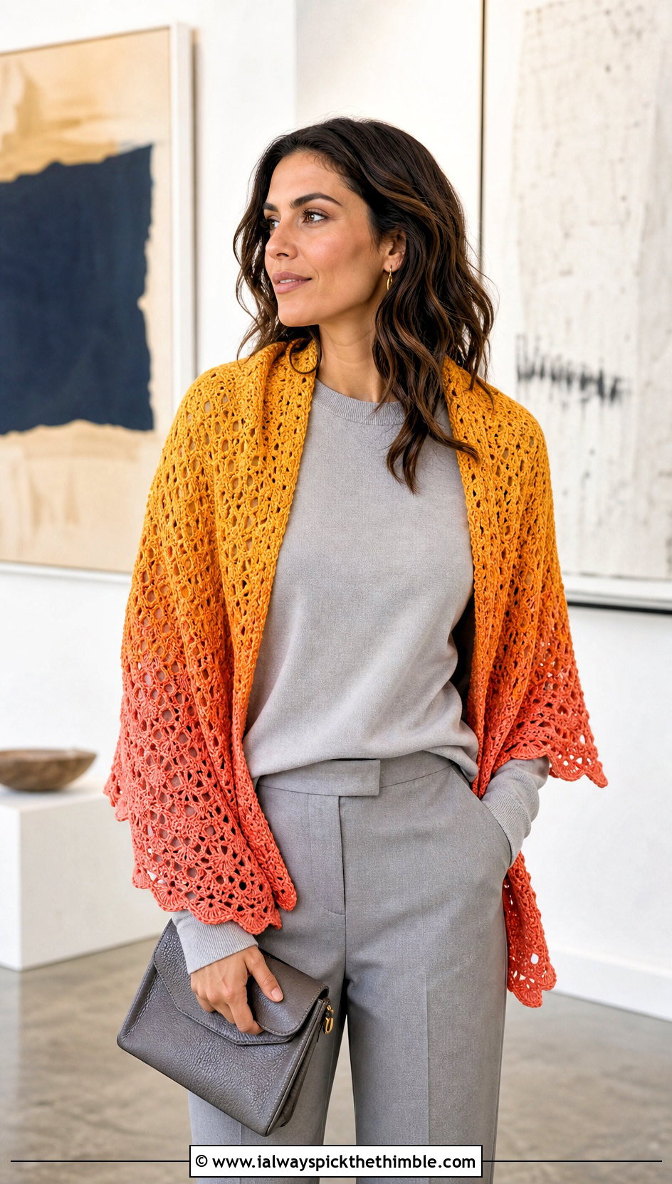 Ombre Crochet Shawl With Monochrome Outfit - 25 quick crochet shawl outfit ideas