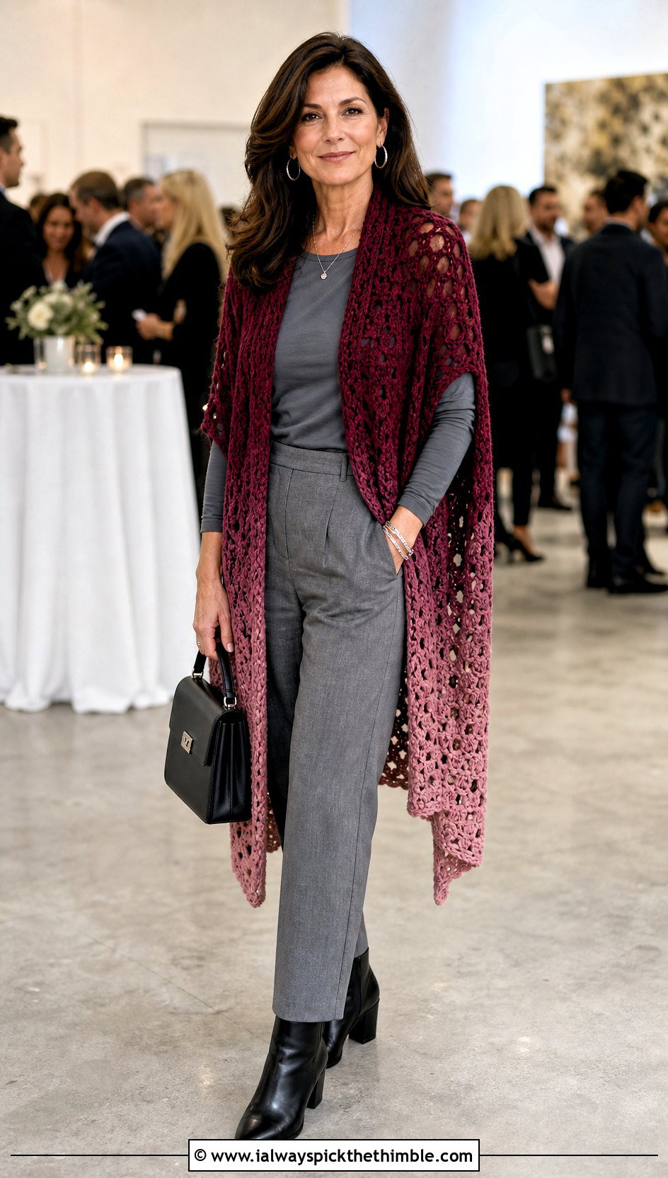 Ombre Crochet Shawl With Monochrome Outfit - 20 crochet shawl with arm holes outfit ideas