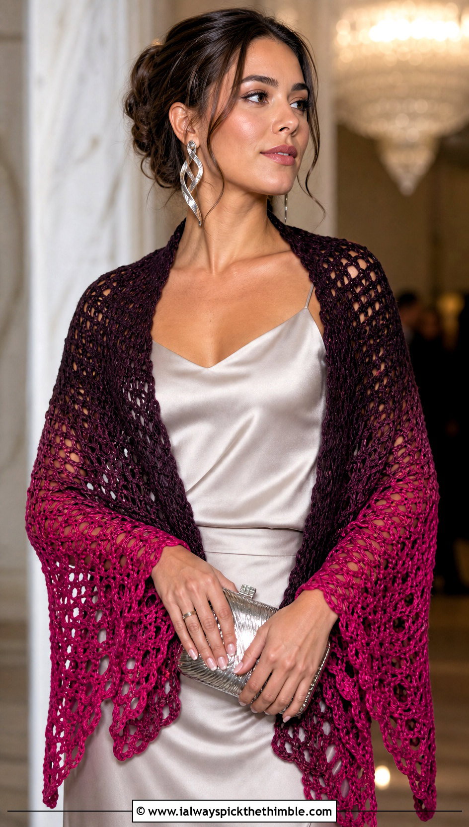 Ombre Crochet Shawl With Satin Evening Outfit - 20 Simple Crochet Shawl outfit ideas