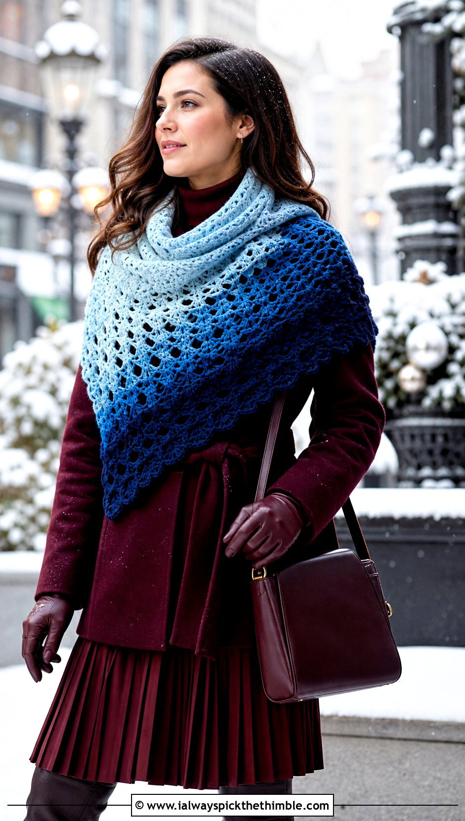 Ombre Crochet Shawl With Wool Coat And Midi Skirt - 20 Stevie Nicks Crochet Shawl outfit ideas