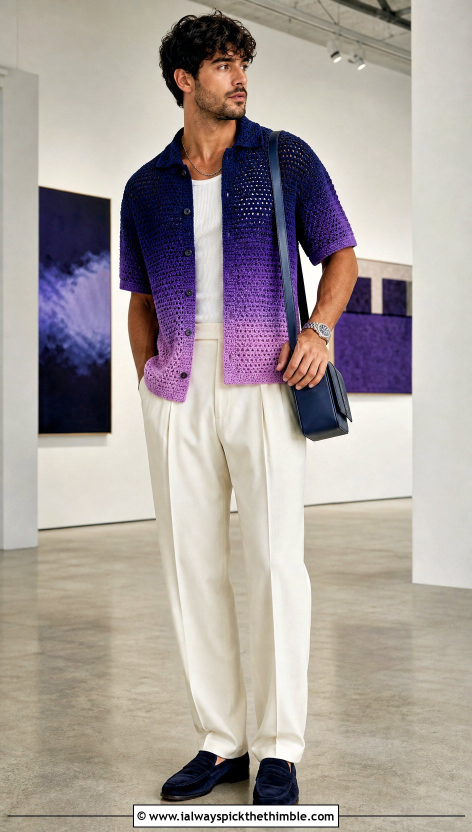 Ombre Crochet Shirt With Cream Suit Pants - 25 crochet mens shirt outfit ideas