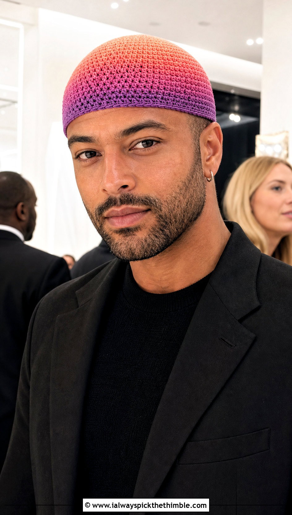 Ombre Crochet Skull Cap With Black Suit - 20 Crochet Skull Cap For Men outfit ideas