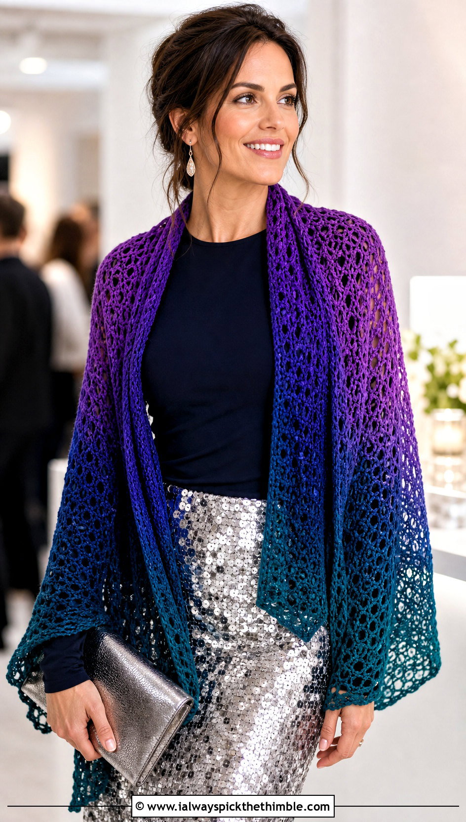 Ombre Crochet Sleeve Scarf With Sequin Midi Skirt - 20 crochet sleeve scarf outfit ideas