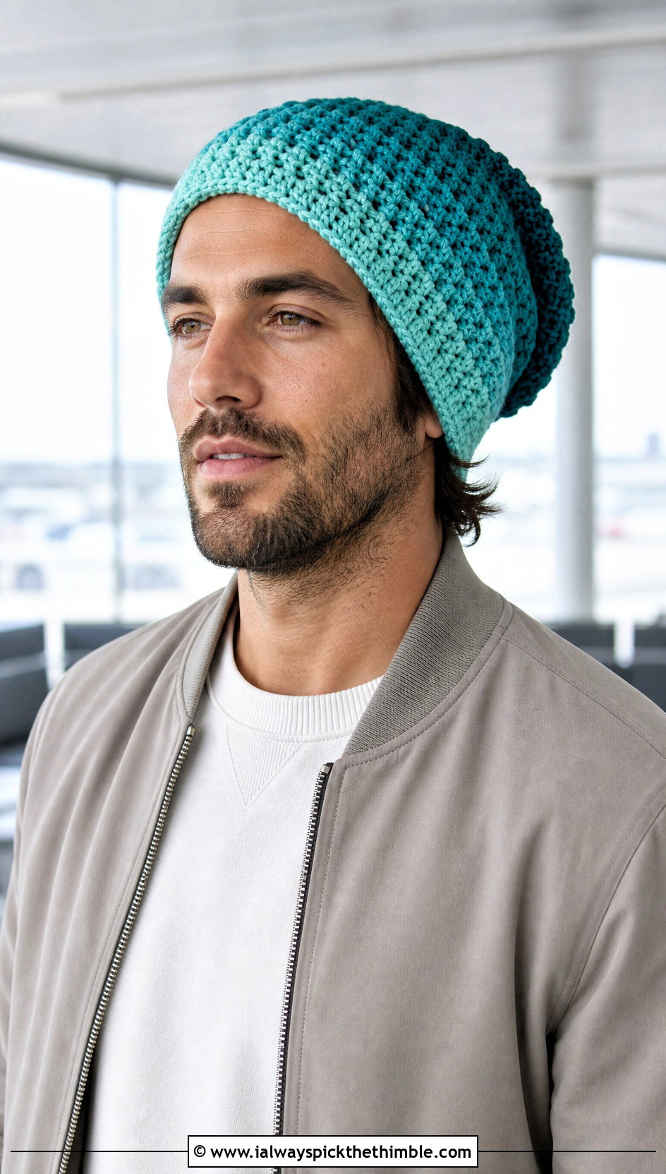 Ombre Crochet Slouchy Beanie With Bomber Jacket - 25 Crochet Slouchy Hat Mens Slouch Beanie outfit ideas