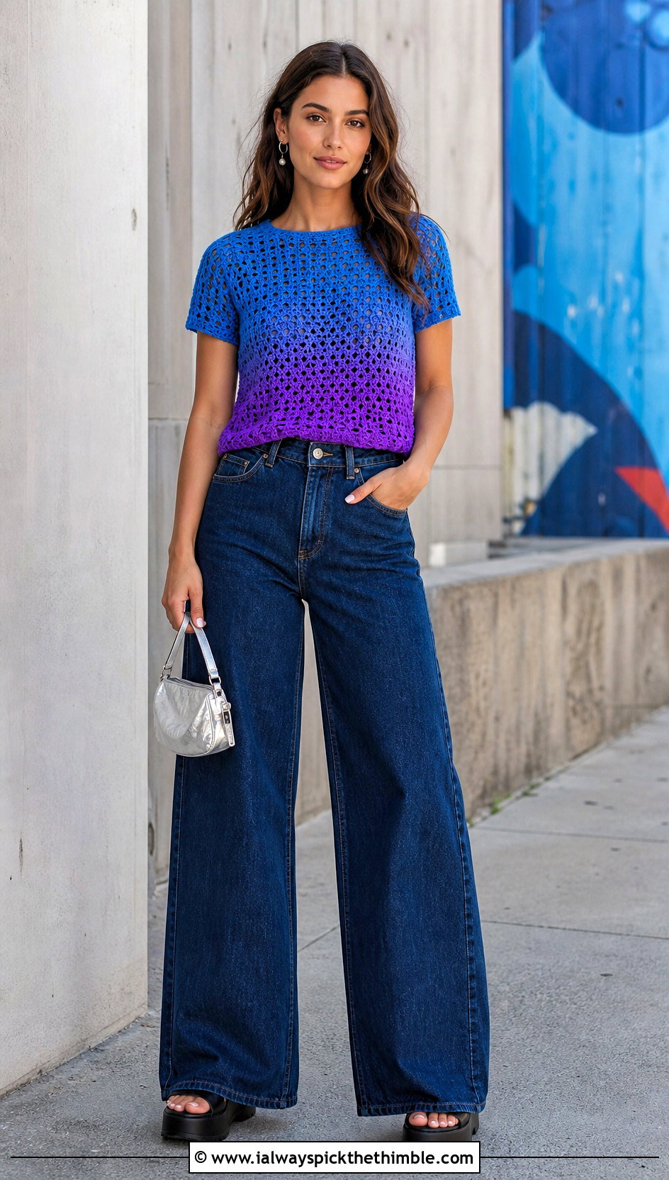 Ombre Crochet Tee With Wide Leg Jeans - 25 crochet tee shirt outfit ideas