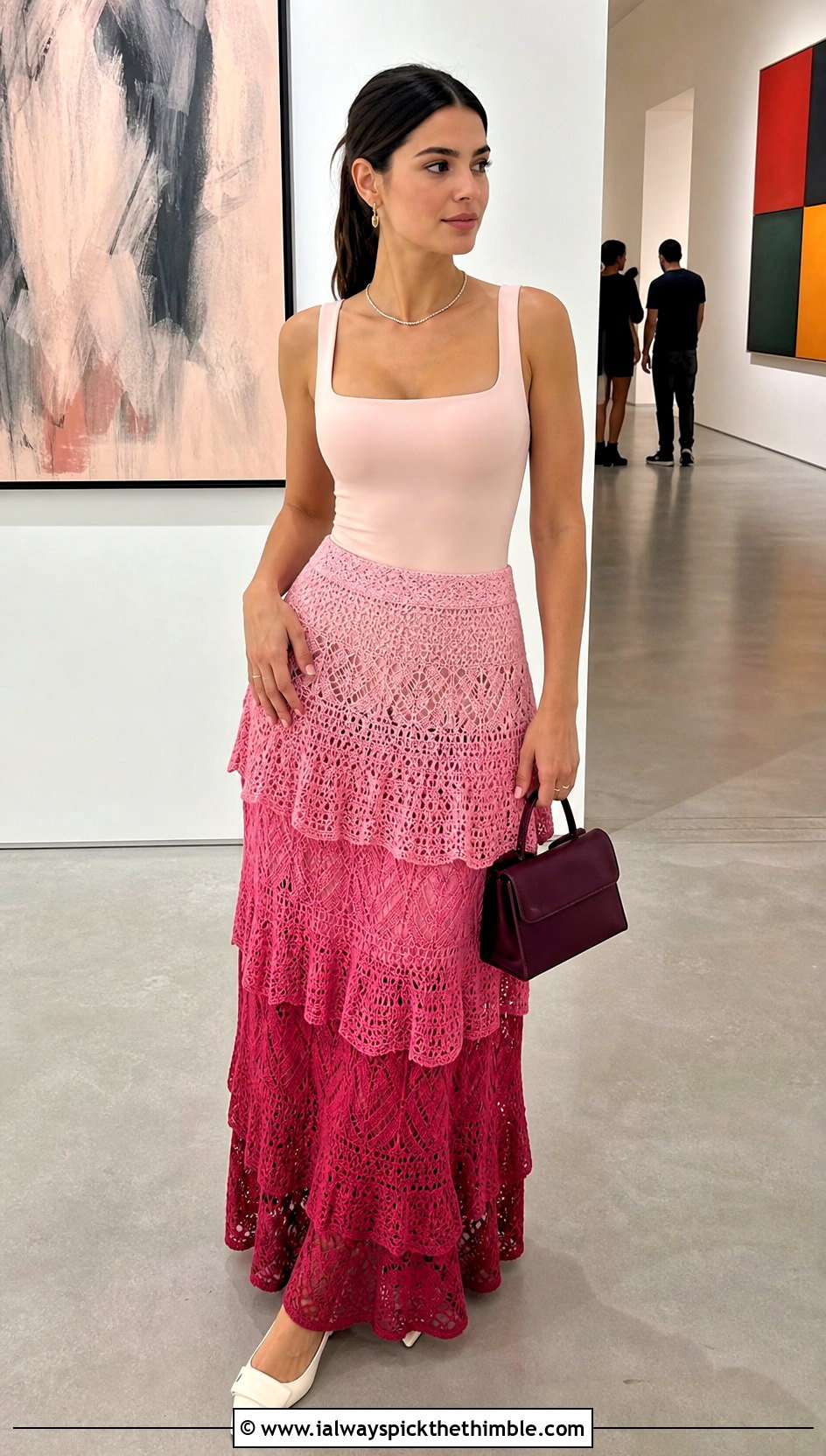 Ombre Crochet Tiered Maxi Skirt With Monochrome Top - 25 crochet tiered skirt outfit ideas