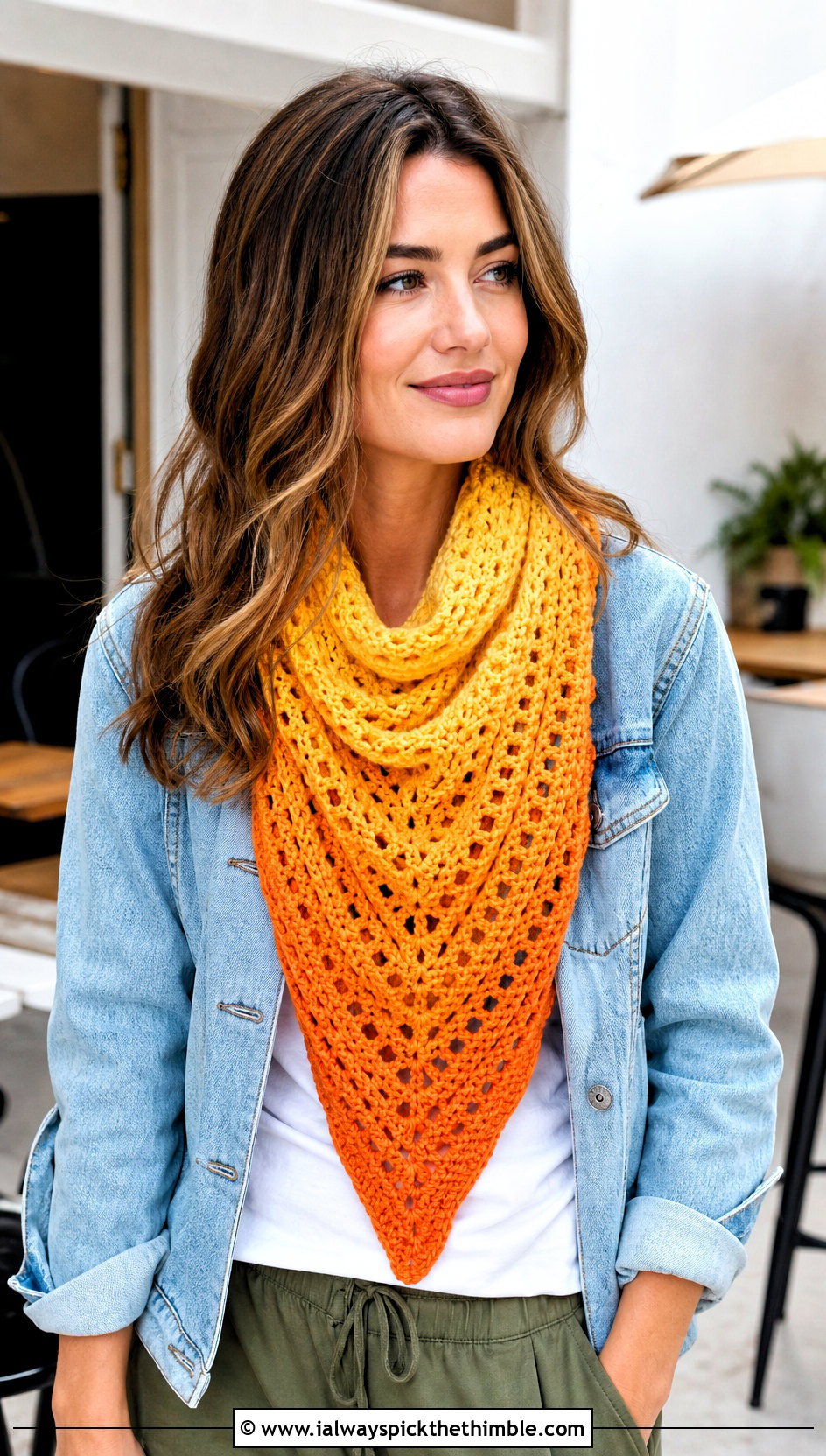 Ombre Crochet Triangle Scarf With Denim Jacket - 20 Ombre Crochet Scarf outfit ideas