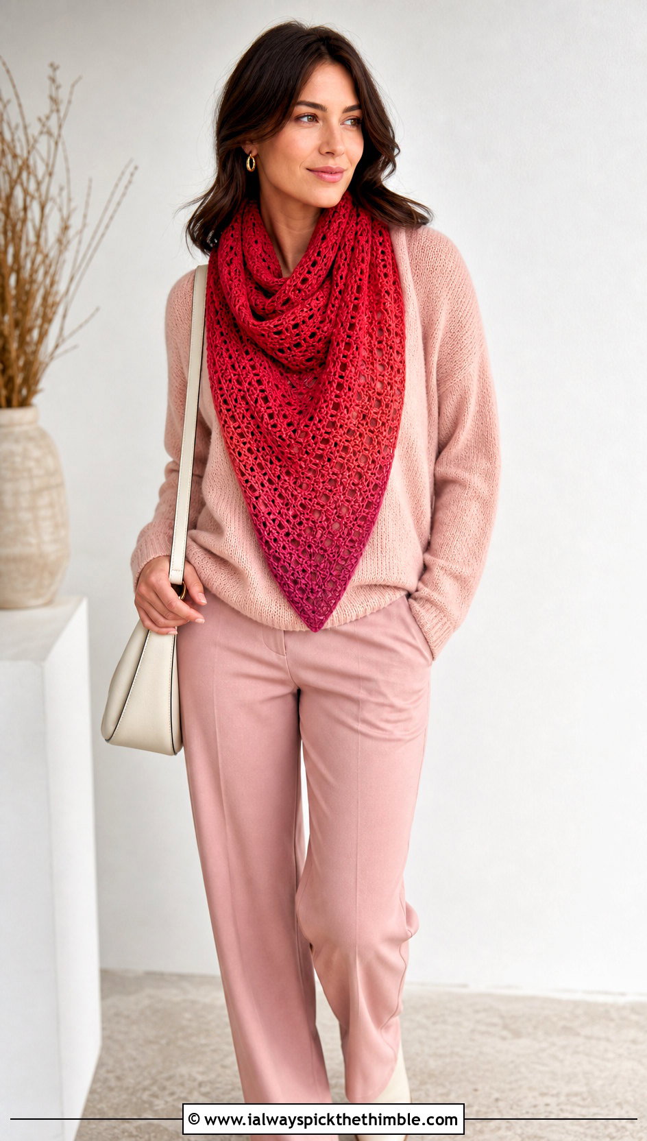 Ombre Crochet Triangle Scarf With Monochrome Knit Outfit - 25 crochet triangle scarf outfit ideas