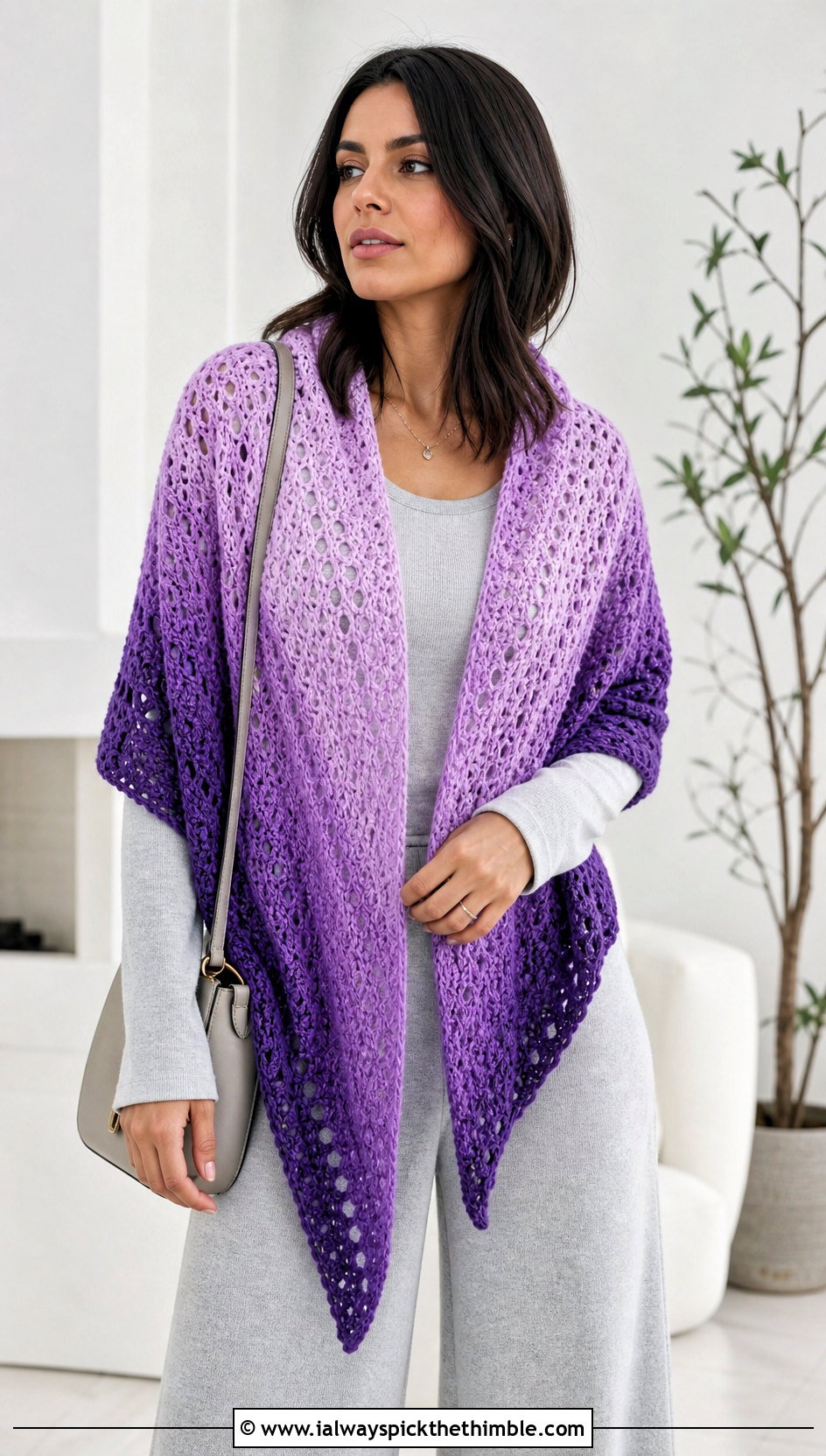 Ombre Crochet Triangle Shawl With Monochrome Knit Outfit - 25 crochet triangle shawl outfit ideas