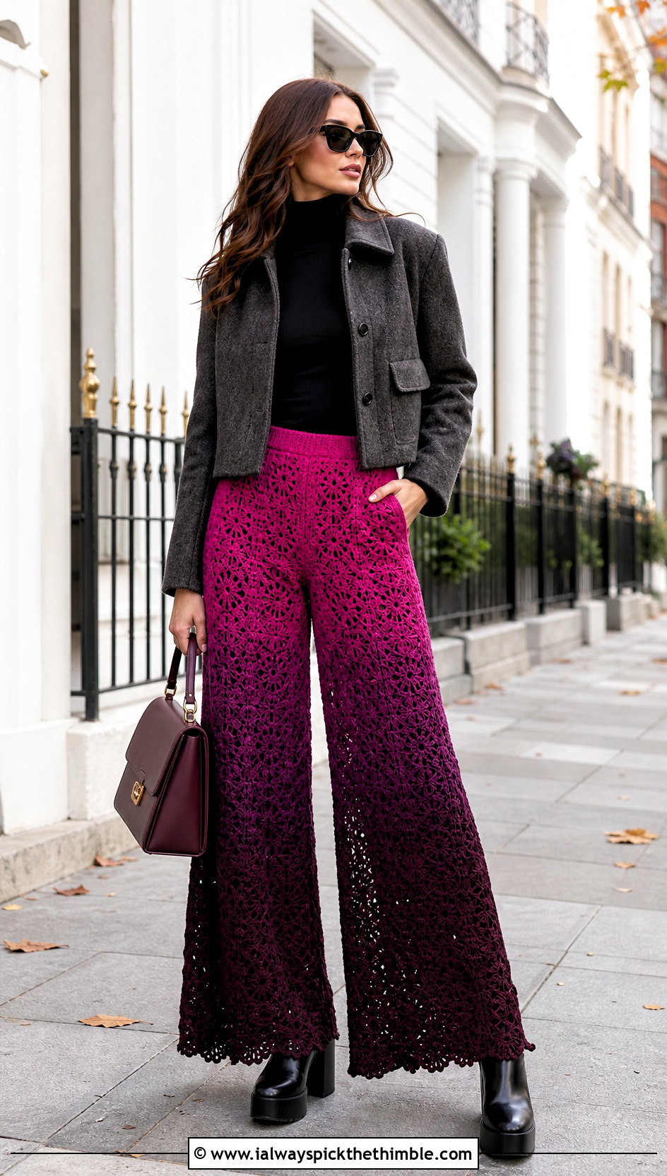 Ombre Crochet Wide Leg Pants With Fitted Turtleneck - 20 crochet wide leg pants outfit ideas