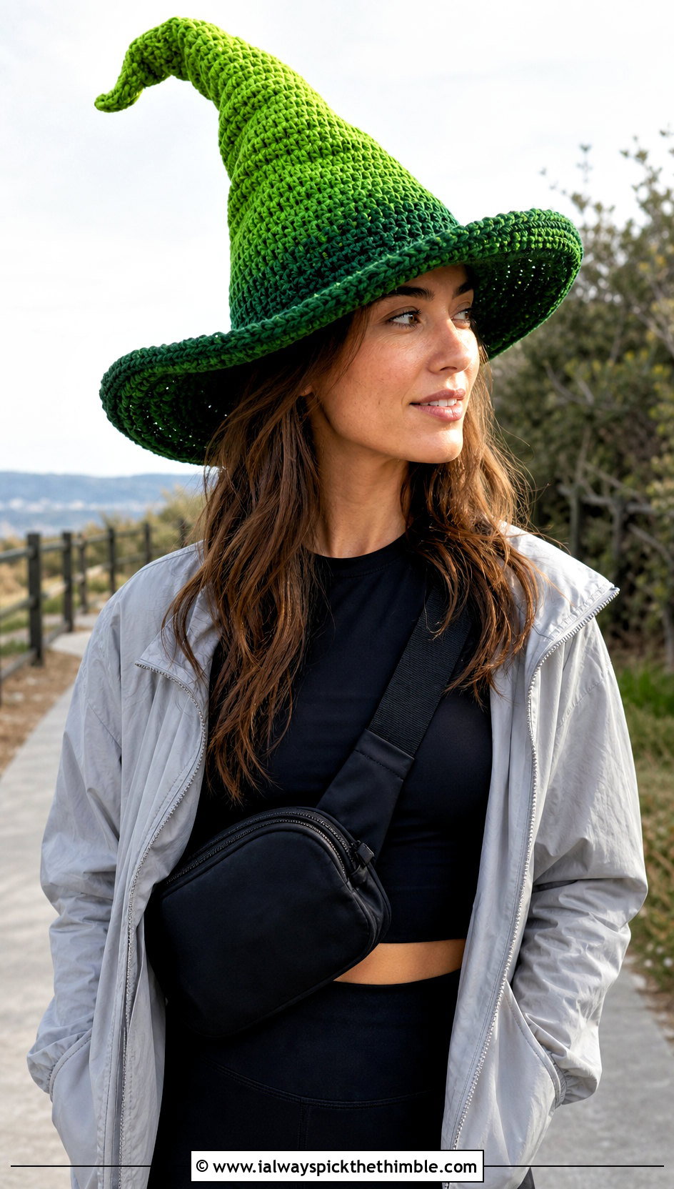 Ombre Crochet Witch Hat With Athleisure Outfit - 25 crochet witch hat outfit ideas