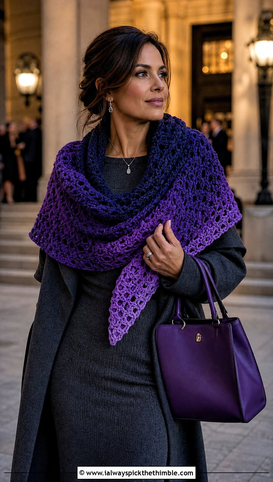 Ombre Crochet Wrap Scarf With Knit Dress - 20 unique crochet scarf outfit ideas