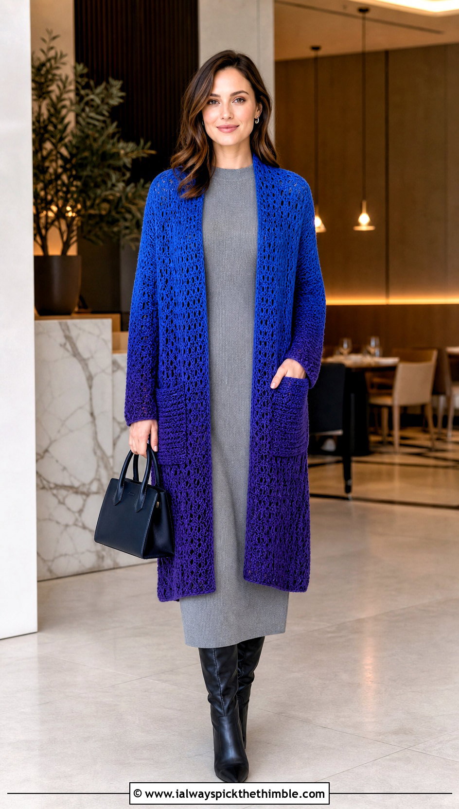 Ombre Crochet Wrap With Knit Midi Dress - 25 crochet wrap with pockets outfit ideas