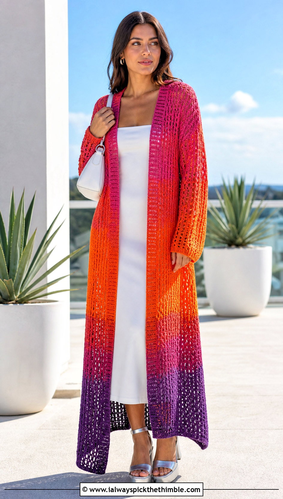 Ombre Crochet Y2K Duster Cardigan With Column Dress - 20 Crochet Y2K Cardigan outfit ideas