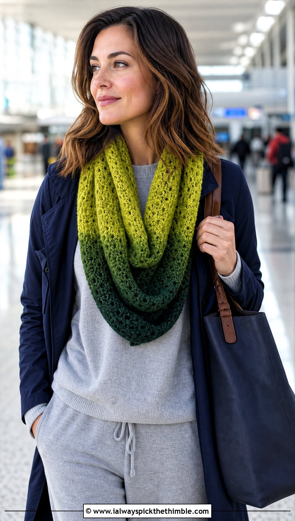 Ombre Crocheted Infinity Scarf With Knit Lounge Set - 15 Easy Crocheted Infinity Scarf outfit ideas