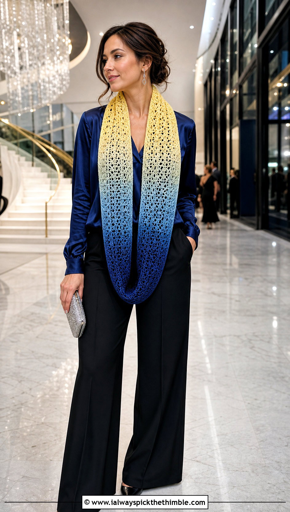 Ombre Crocheted Infinity Scarf With Satin Blouse And Trousers - 20 Crocheted Infinity Scarf outfit ideas