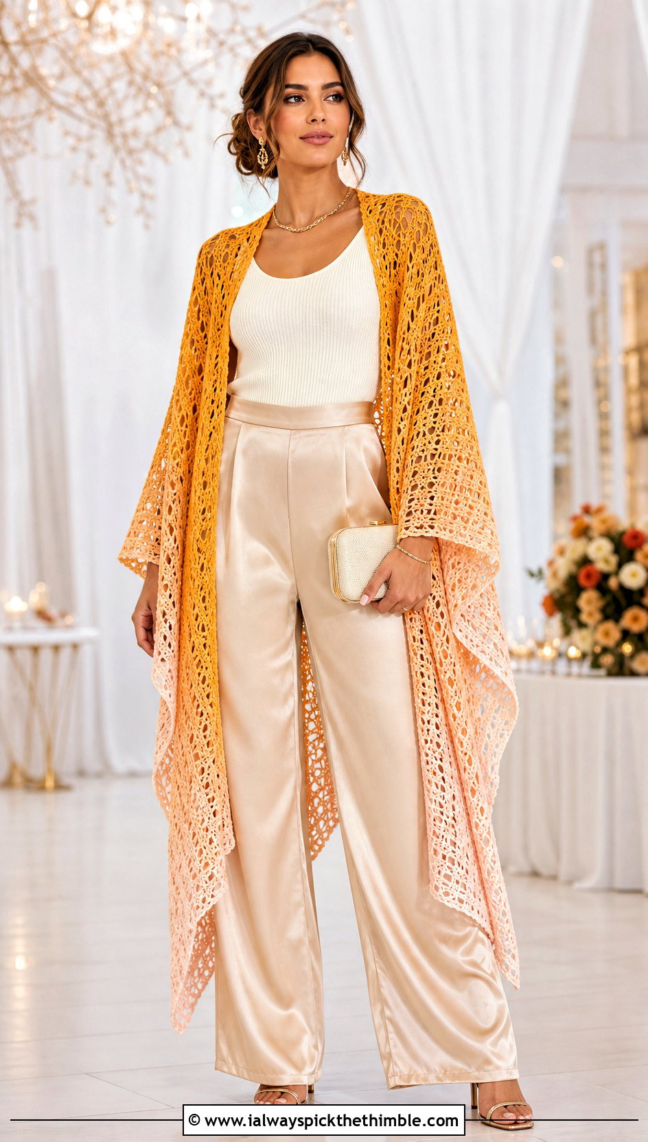 Ombre Crocheted Ruana With Satin Pants - 20 Crocheted Ruana outfit ideas