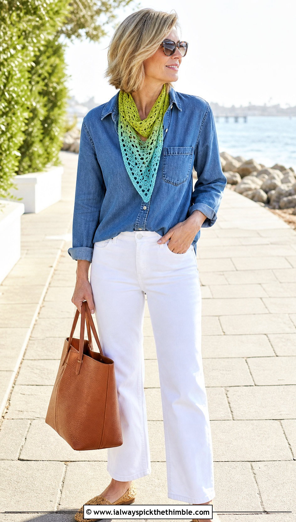 Ombre Crocheted Triangle Scarf With Denim Shirt And White Pants - 20 Crocheted Triangle Scarf outfit ideas