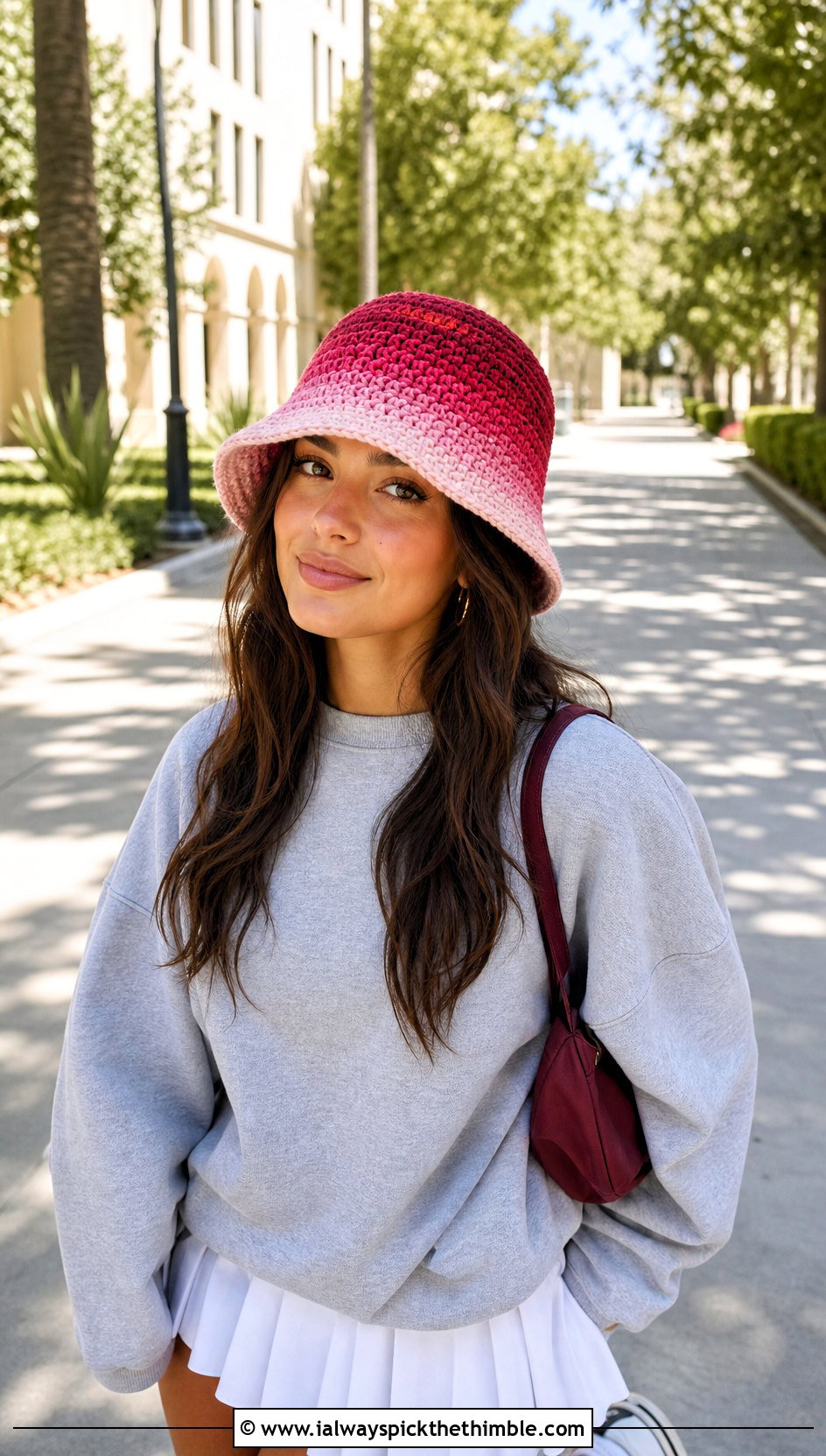 Ombre Double Crochet Bucket Hat With Sweatshirt And Tennis Skirt - 20 Double Crochet Bucket Hat outfit ideas