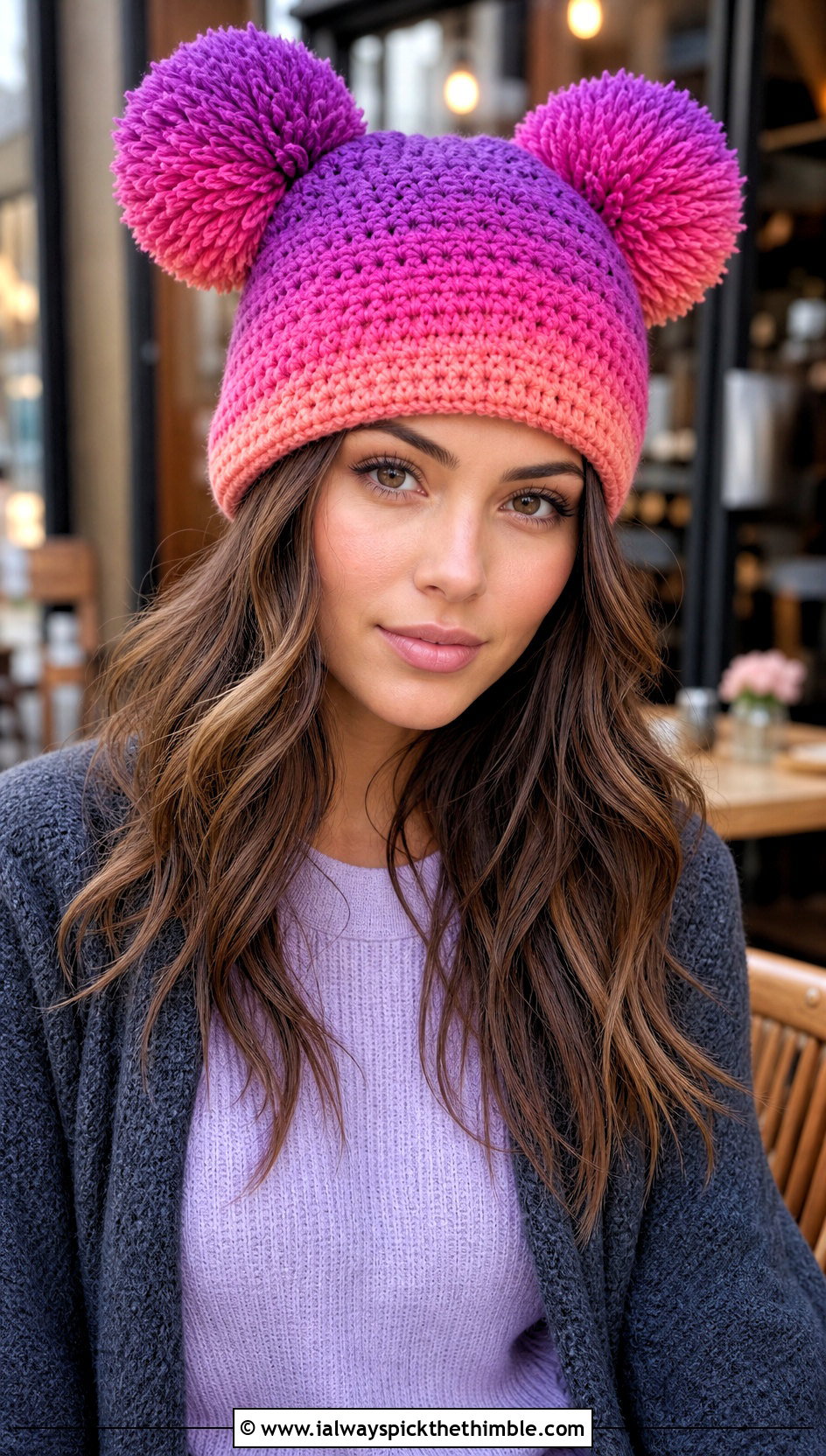 Ombre Double Pompom Crochet Beanie With Long Cardigan - 20 Double Pompom Crochet Hat outfit ideas