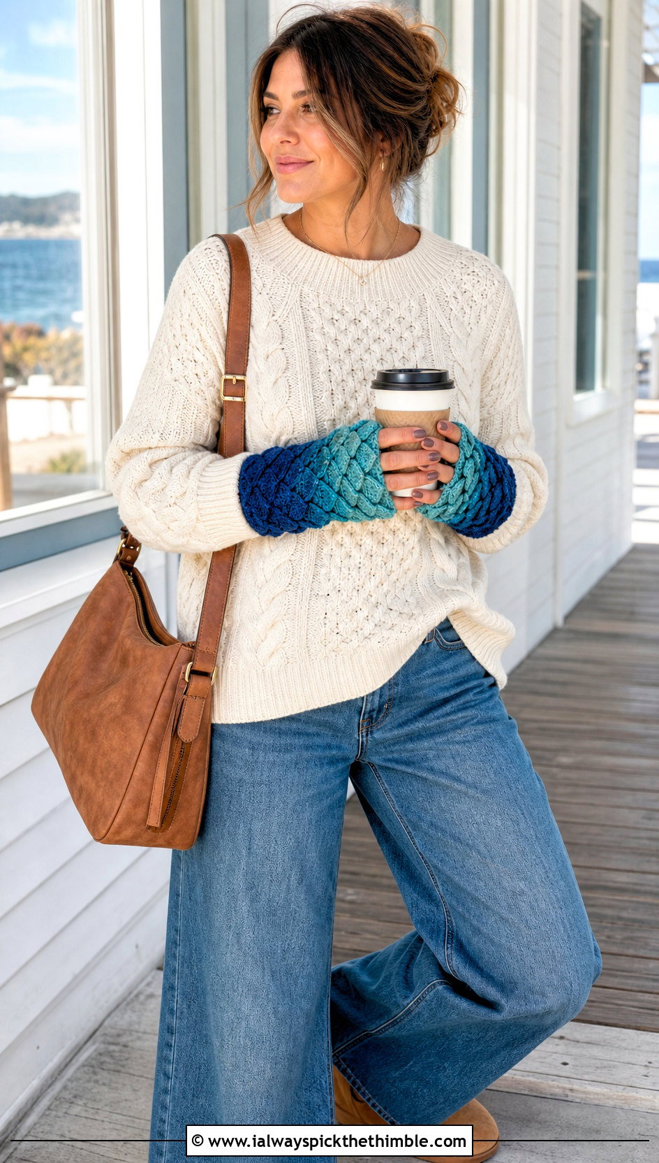 Ombre Dragon Scale Fingerless Gloves With Sweater And Wide Leg Jeans - 20 dragon scale crochet gloves outfit ideas
