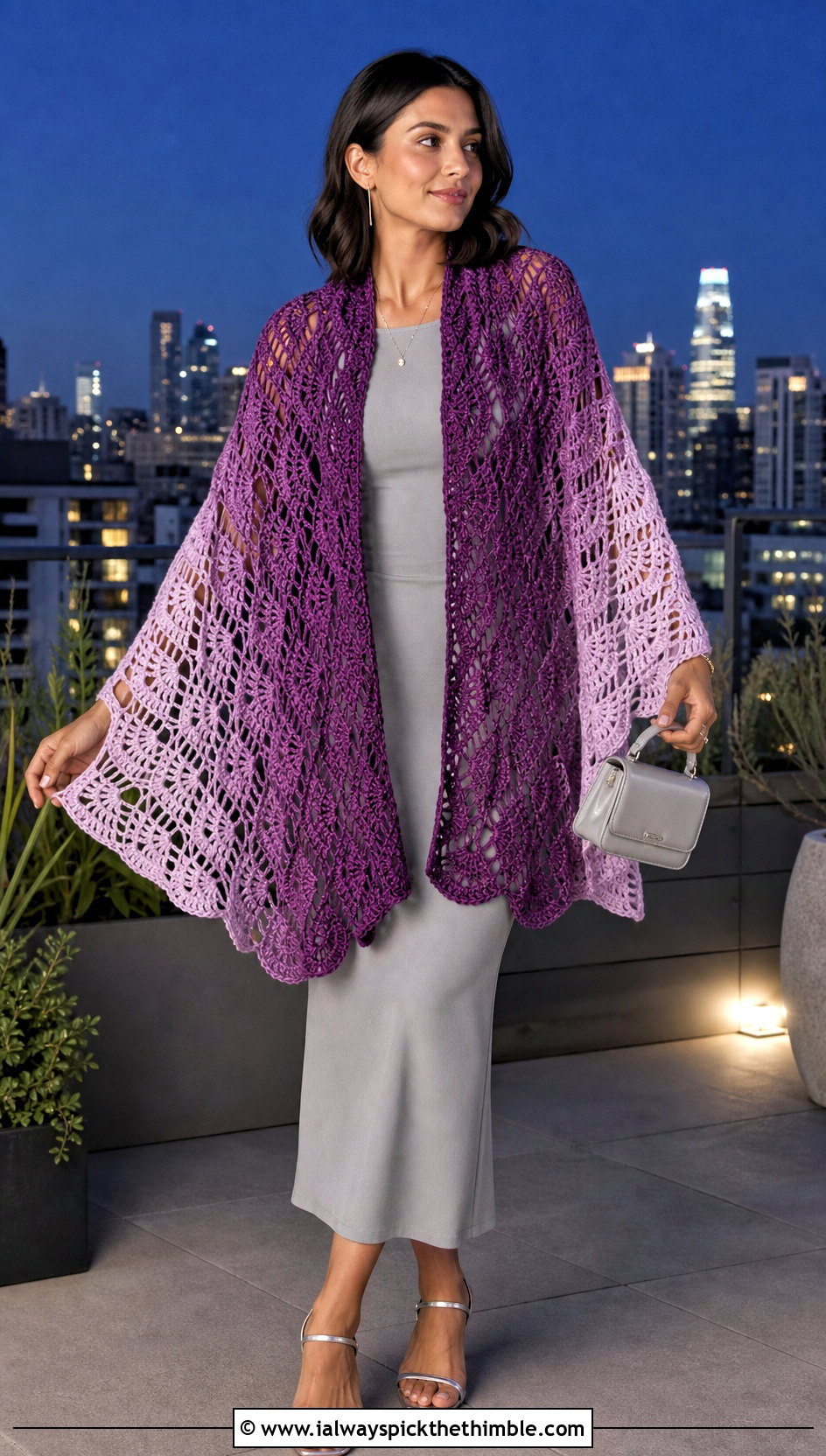 Ombre Fan Stitch Crochet Shawl With Column Dress - 20 Light Weight Crochet Shawl outfit ideas