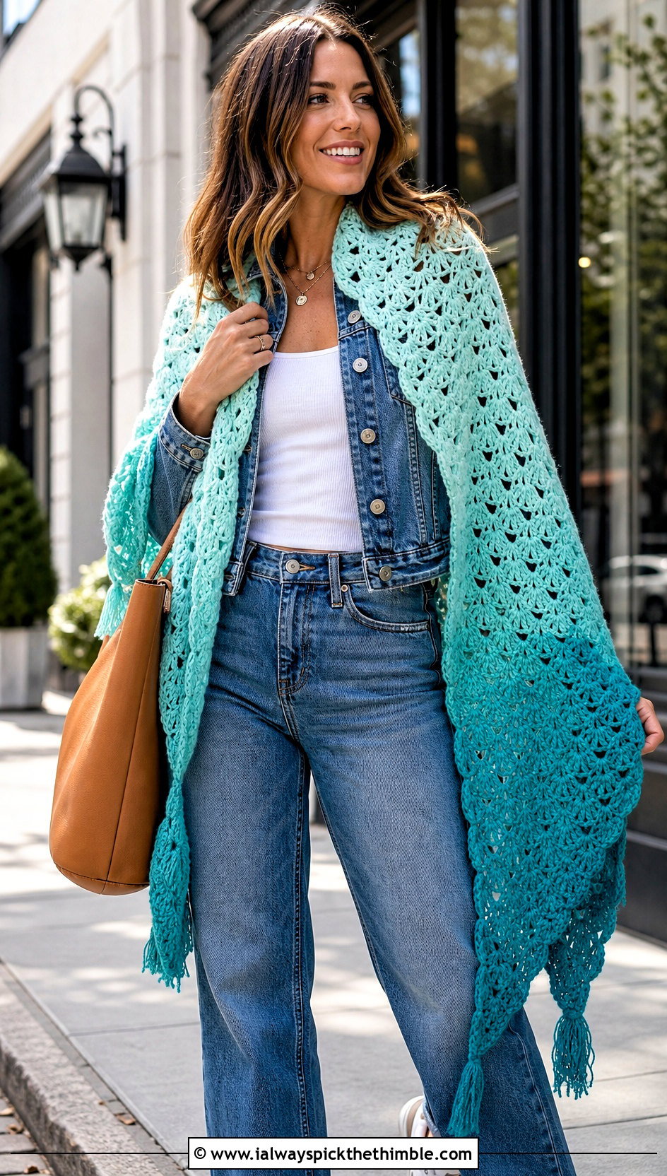 Ombre Fan Stitch Shawl With Double Denim - 20 Crochet Fan Stitch Shawl outfit ideas