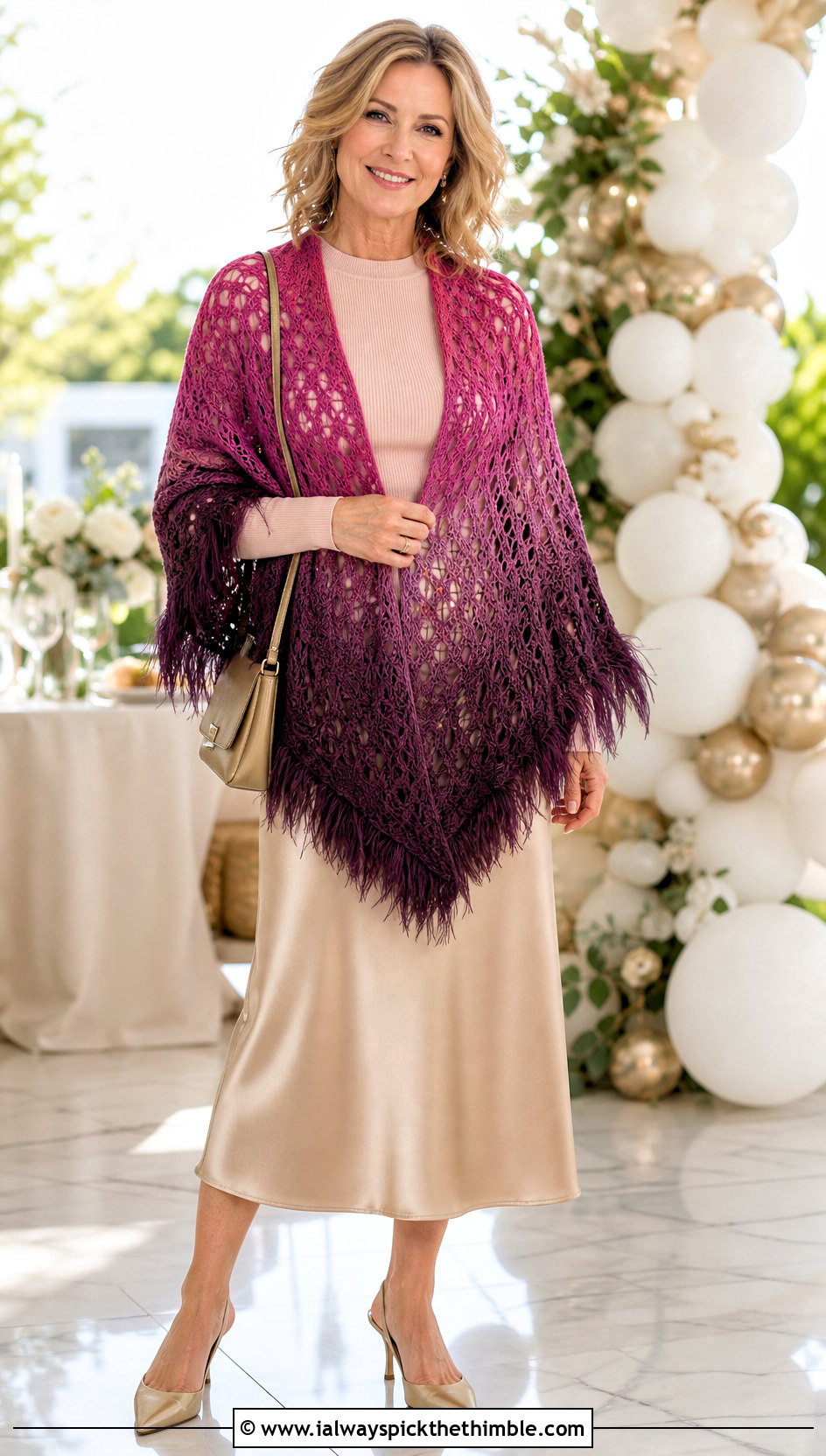 Ombre Feather Crochet Shawl With Satin Skirt - 20 crochet feather shawl outfit ideas