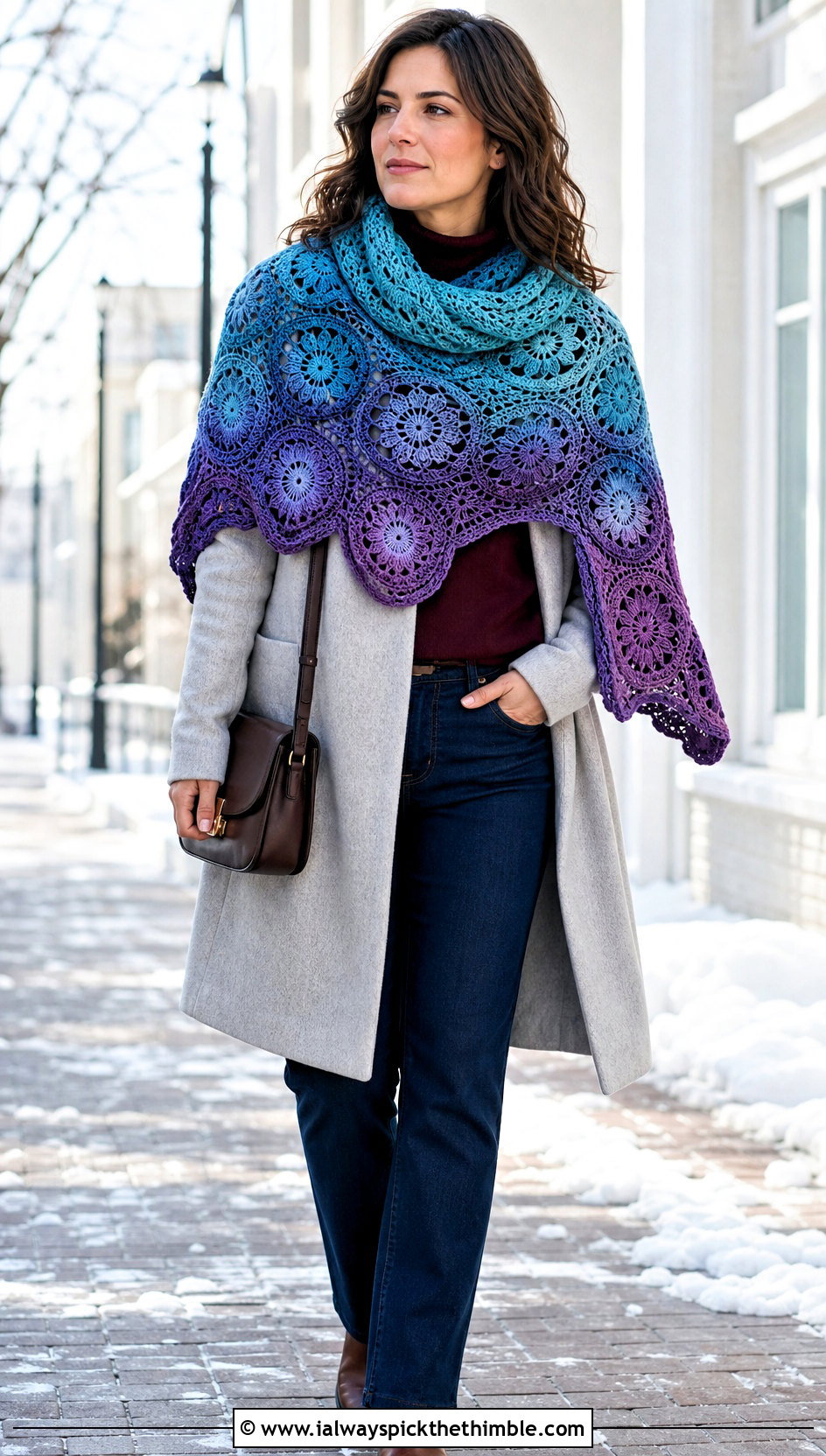 Ombre Flower Wheel Shawl With Turtleneck And Jeans - 15 Crochet Flower Shawl outfit ideas