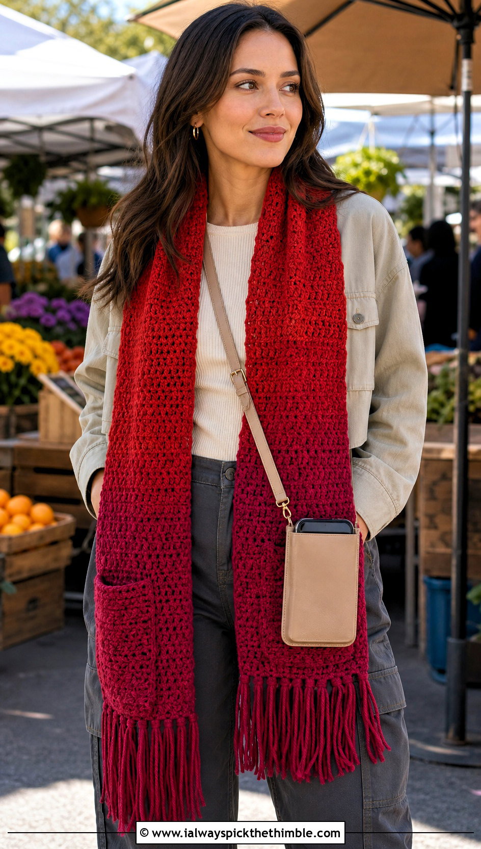 Ombre Fringe Pocket Crochet Scarf With Utility Outfit - 20 Crochet Scarf Fringe Ideas