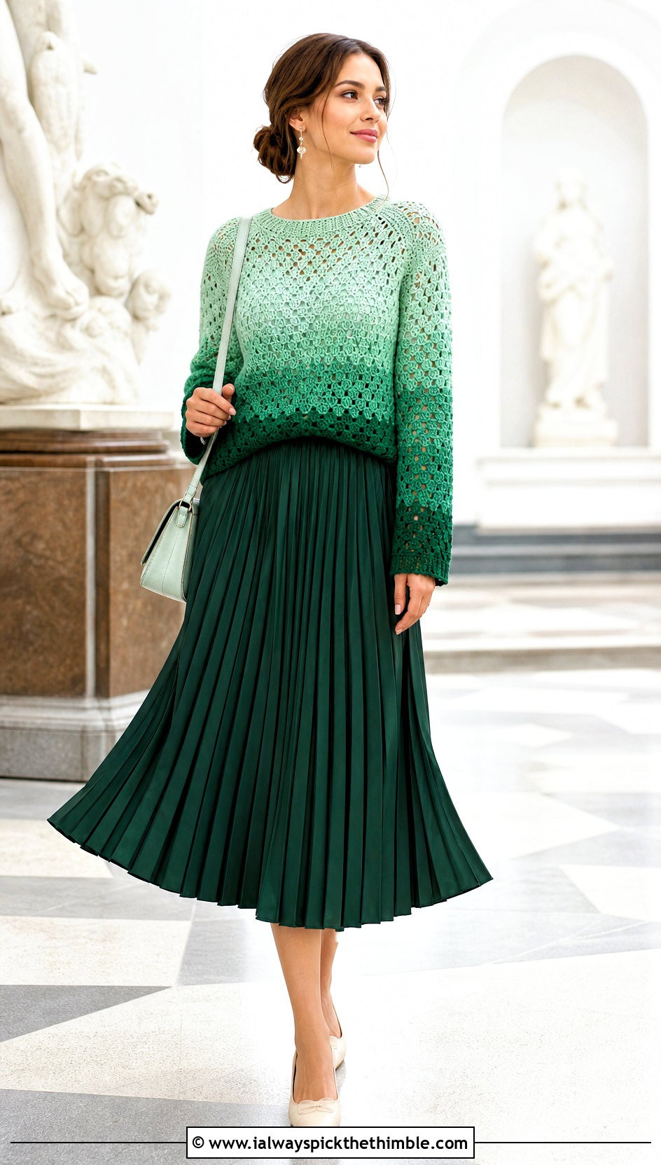 Ombre Granny Raglan Sweater With Pleated Midi Skirt - 20 Crochet Granny Raglan Sweater outfit ideas