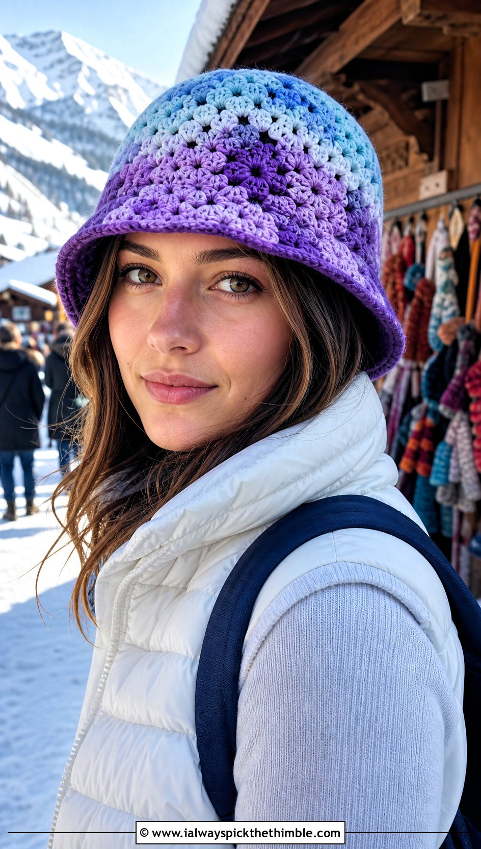 Ombre Granny Square Crochet Bucket Hat With Puffer Vest And Leggings - 25 granny square crochet bucket hat outfit ideas