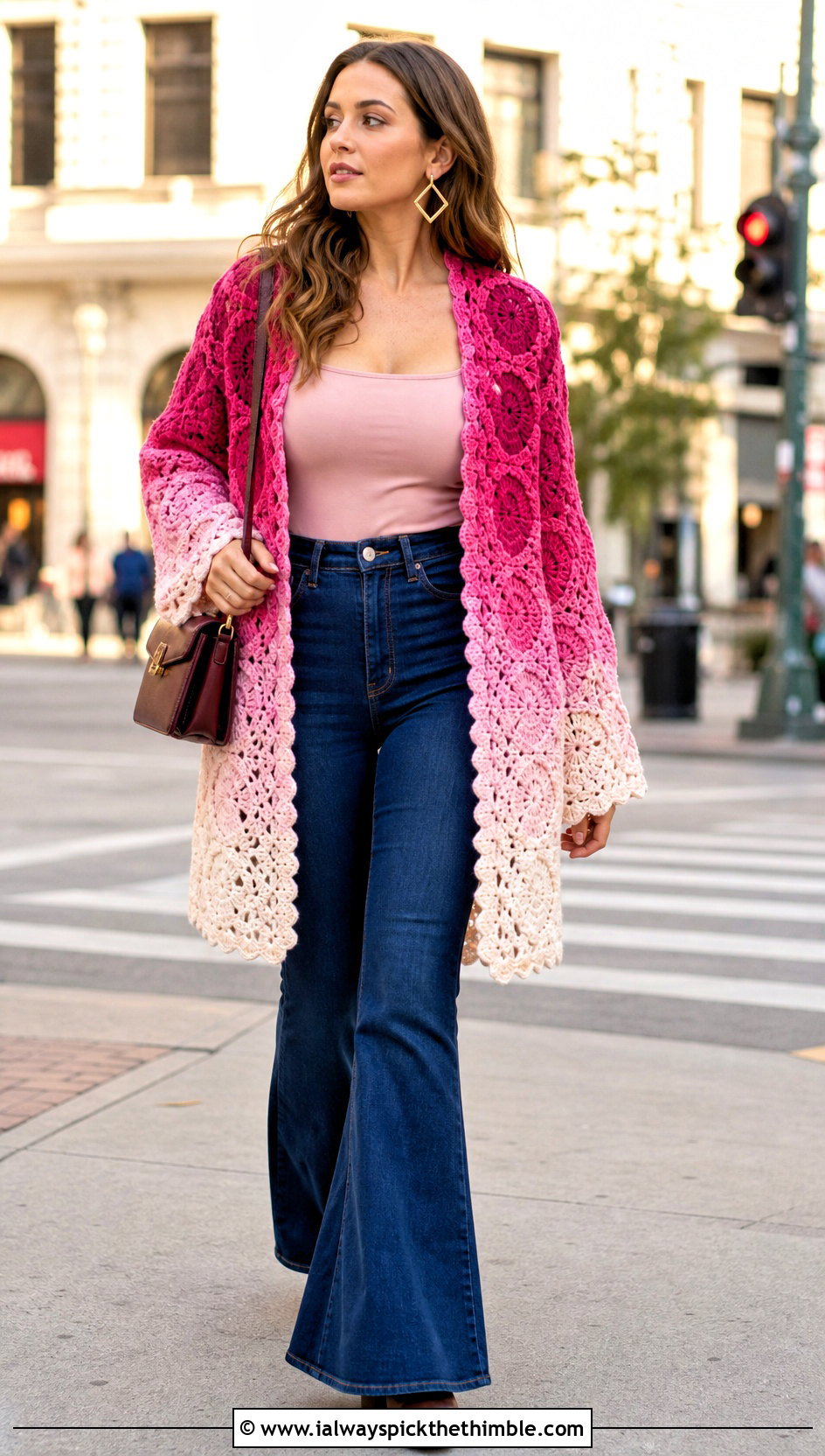 Ombre Granny Square Hexagon Cardigan With Flared Jeans - 25 granny square hexagon cardigan outfit ideas