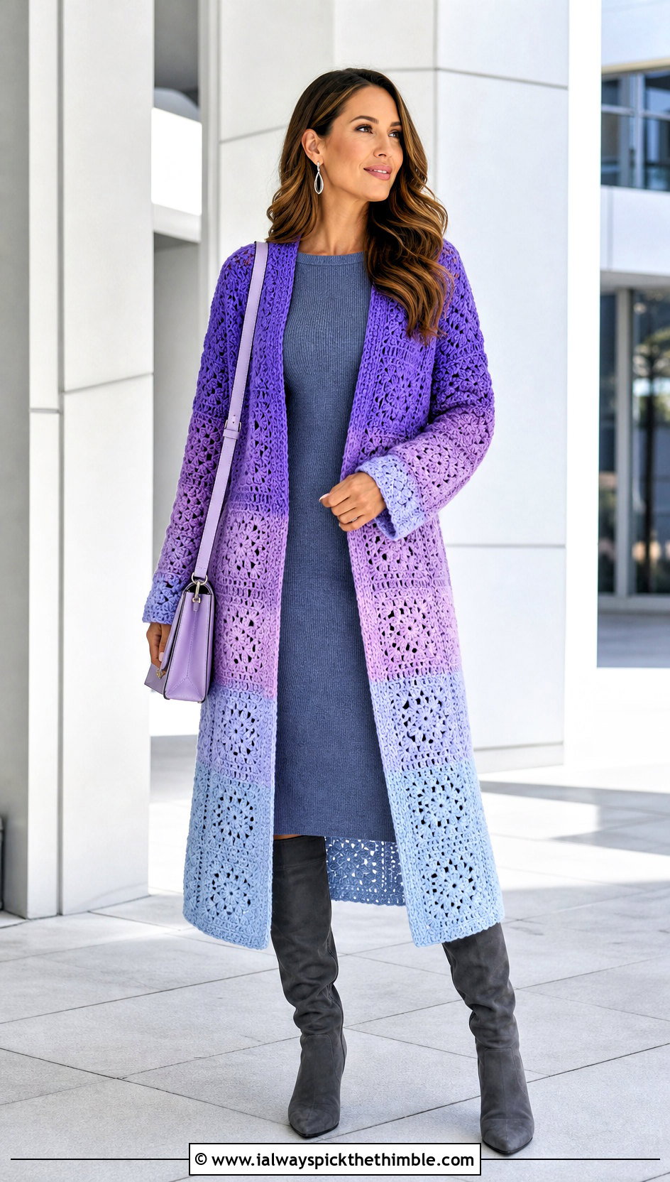 Ombre Granny Square Long Cardigan With Knit Midi Dress - 25 long granny square cardigan outfit ideas