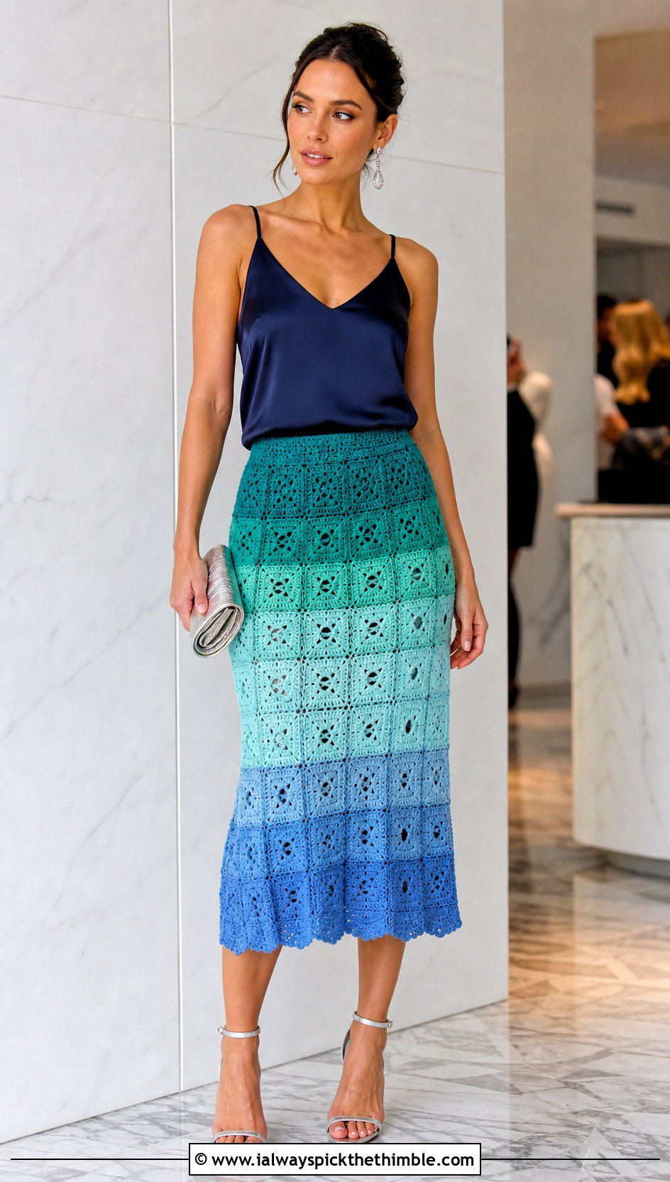 Ombre Granny Square Midi Skirt With Satin Camisole And Heels - 25 crochet granny skirt outfit ideas