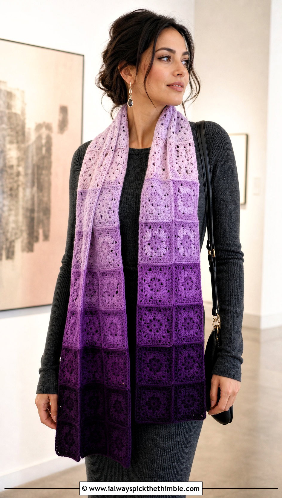 Ombre Granny Square Scarf With Knit Dress And Ankle Boots - 20 crochet granny square scarf outfit ideas