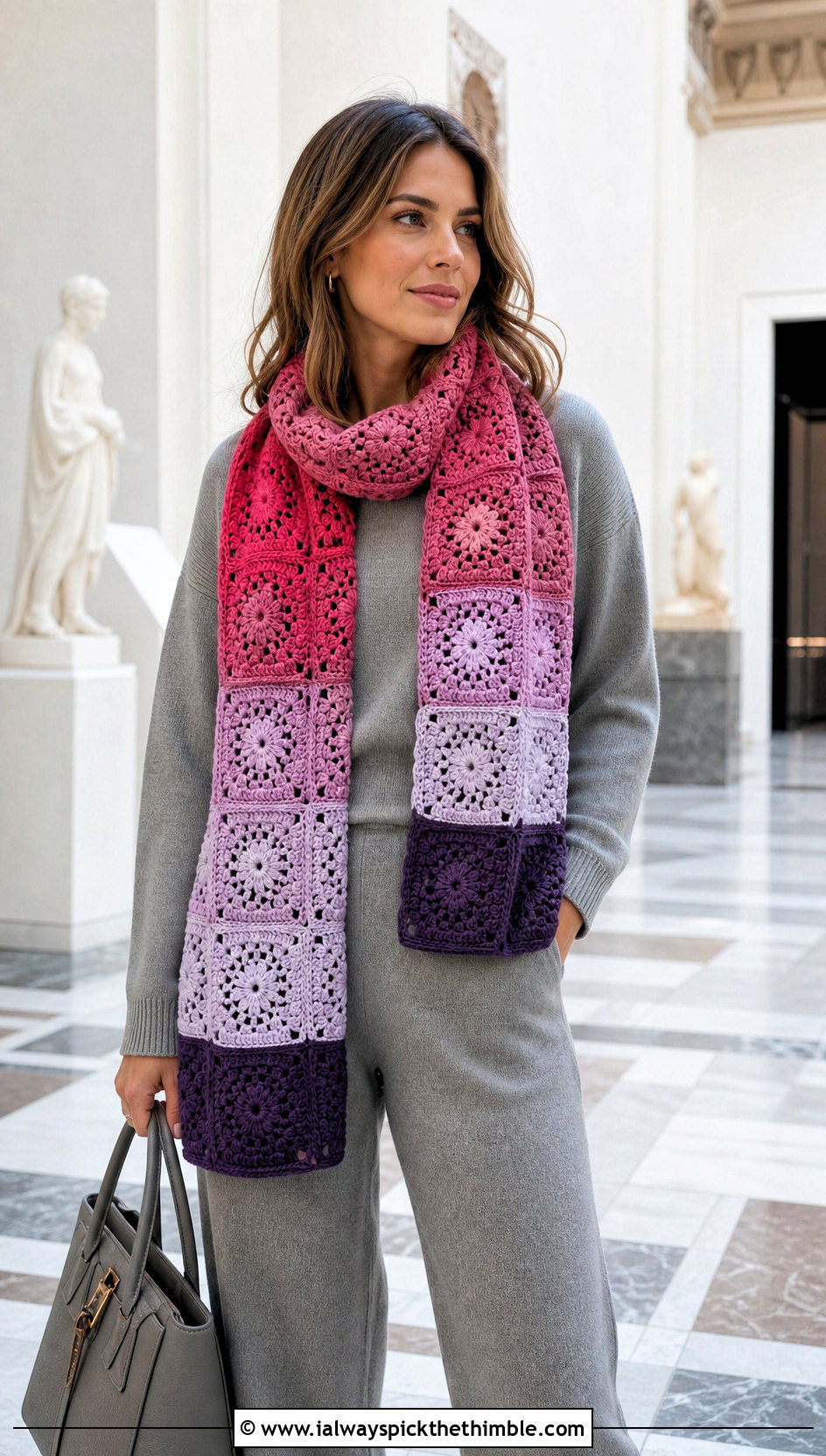 Ombre Granny Square Scarf With Monochrome Knit Set - 25 granny square scarf outfit ideas