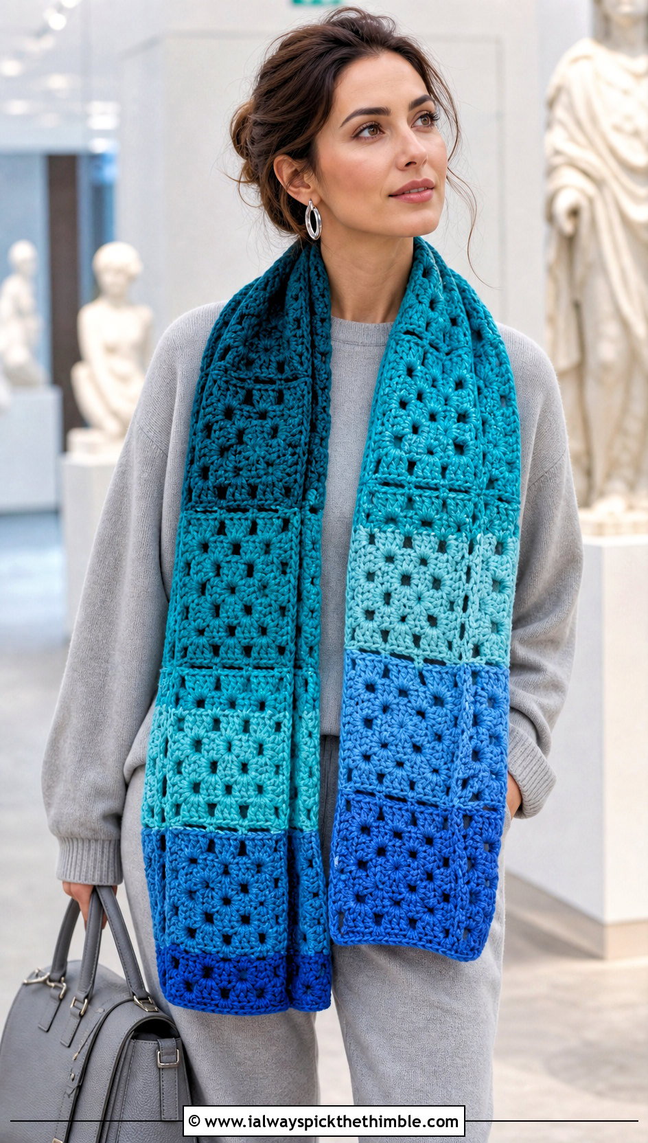Ombre Granny Square Scarf With Monochrome Knit Set - 25 granny crochet scarf outfit ideas