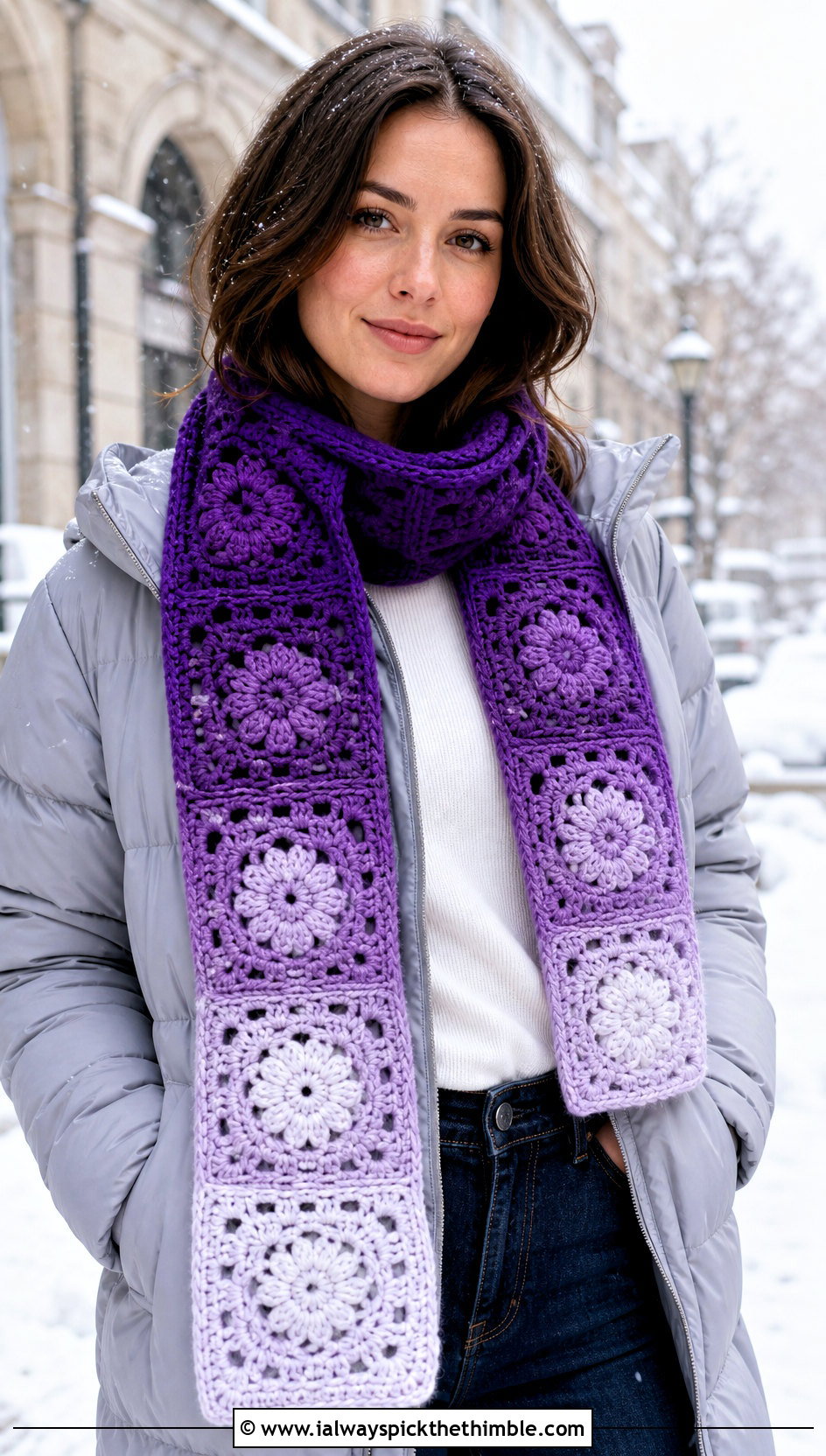 Ombre Granny Square Scarf With Puffer Jacket And Jeans - 20 granny square scarves outfit ideas