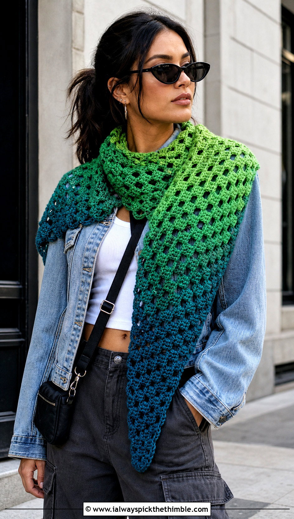 Ombre Granny Square Triangle Shawl With Denim Jacket And Cargo Pants - 20 granny square triangle shawl outfit ideas